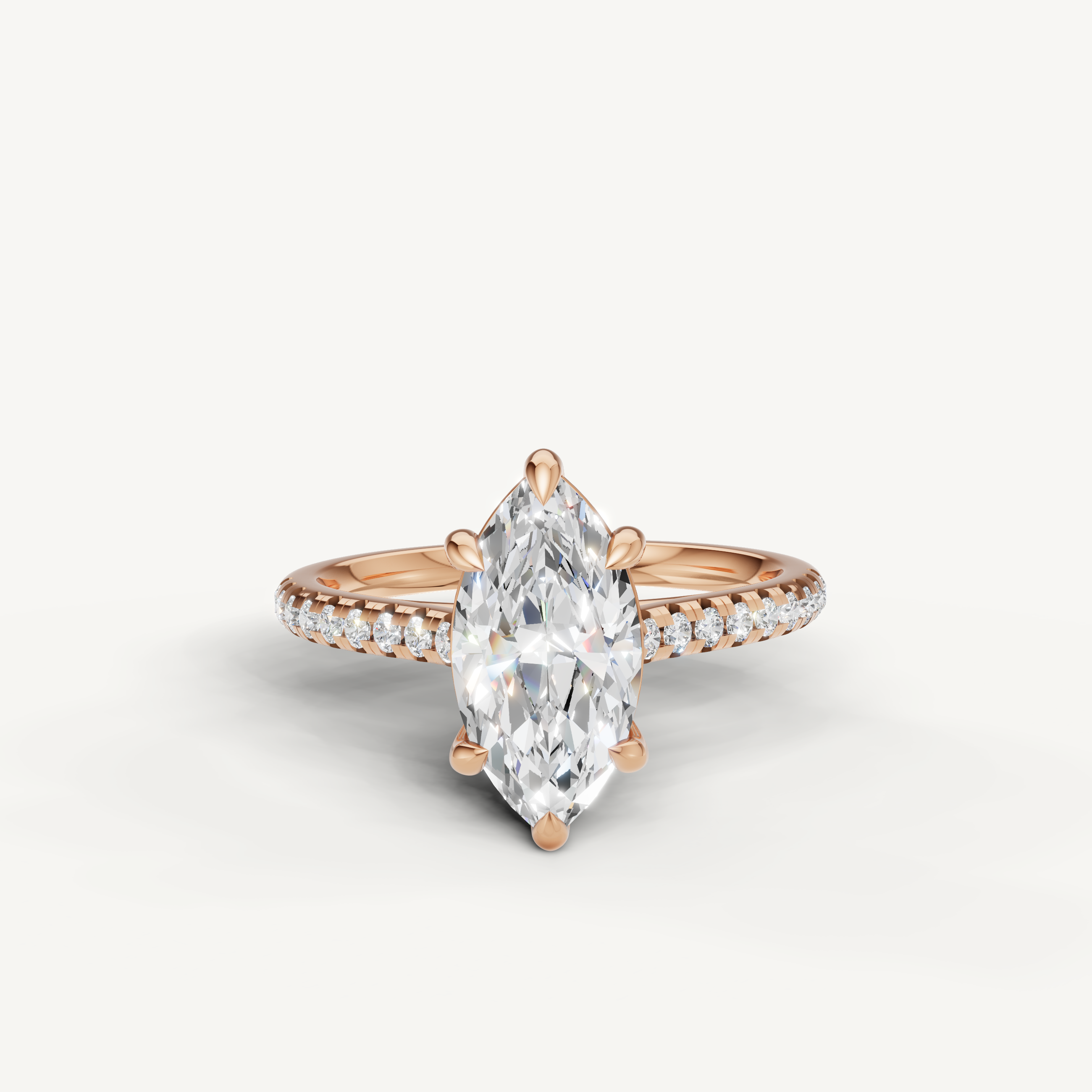 Raul Diamonds marquise cut engagement ring in rose gold with pavé diamond band