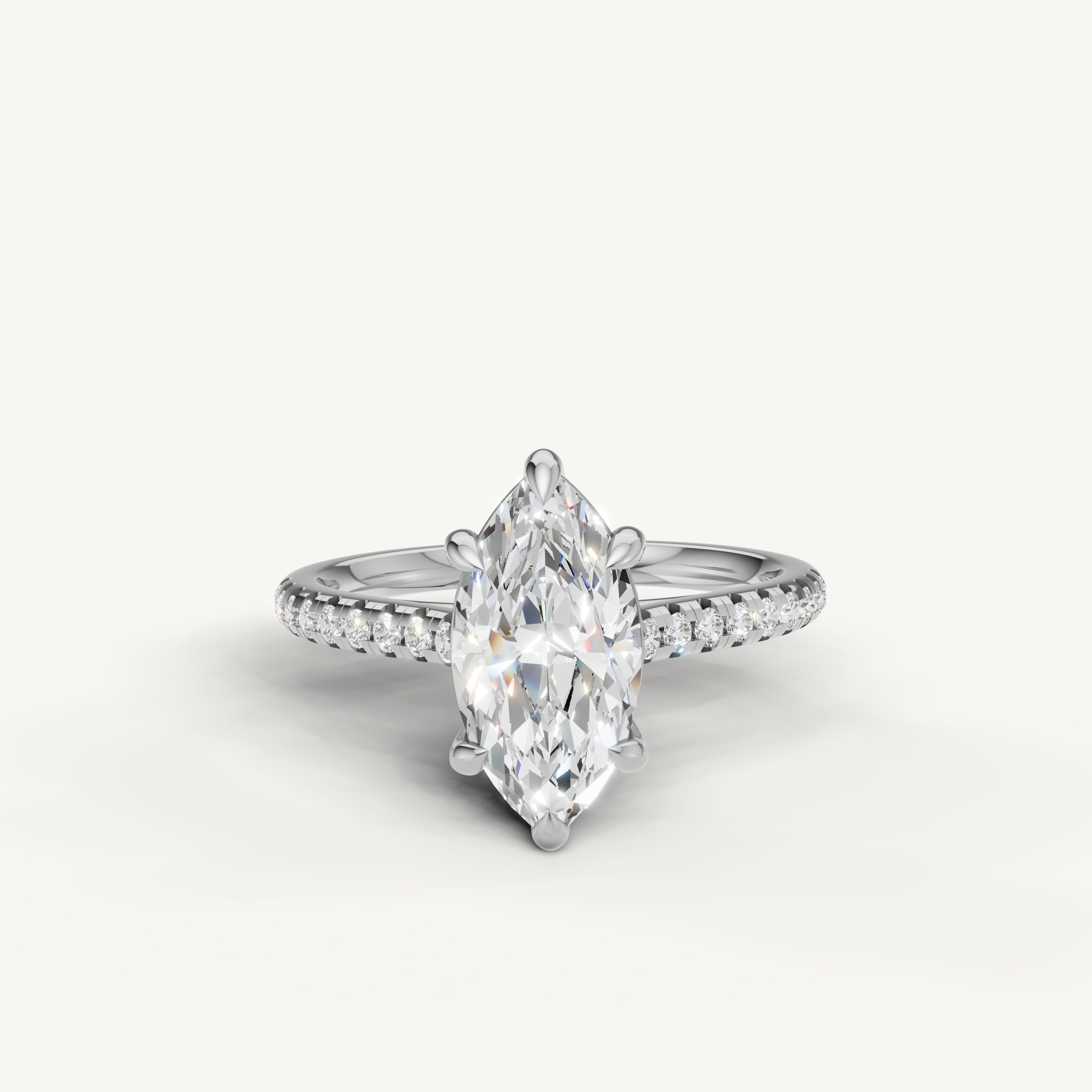 Raul Diamonds marquise cut engagement ring in white gold with pavé diamond band