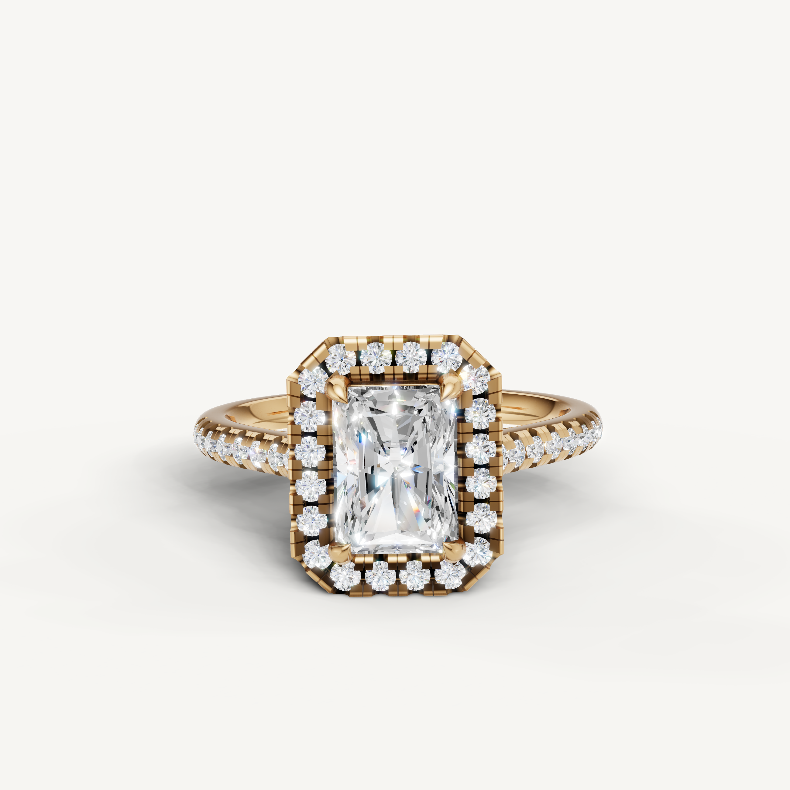 Raul Diamonds radiant cut halo engagement ring in yellow gold with pavé diamond band and radiant center stone