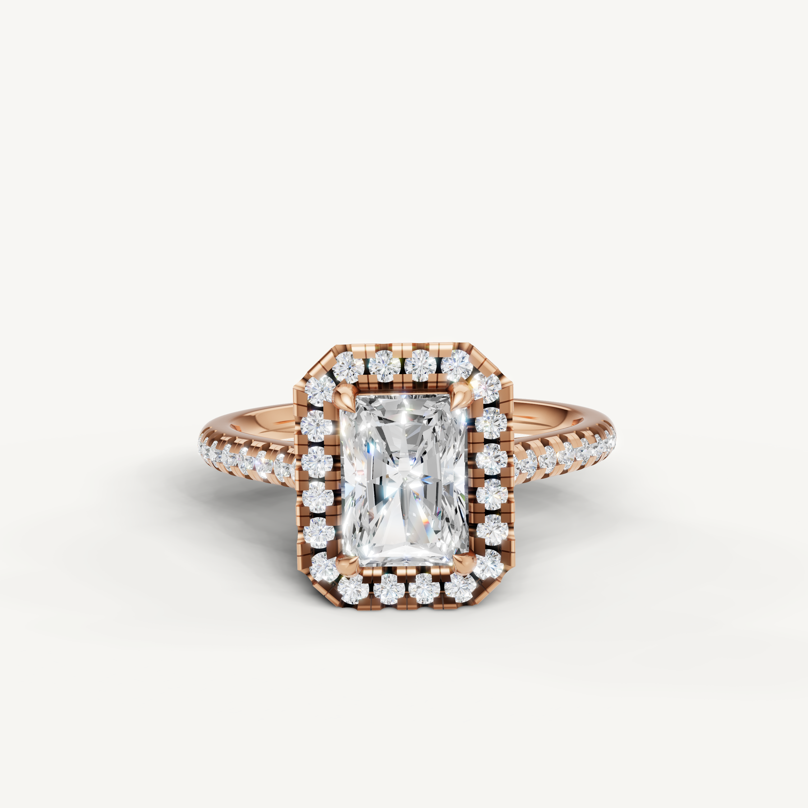 Raul Diamonds radiant cut halo engagement ring in rose gold with pavé diamond band