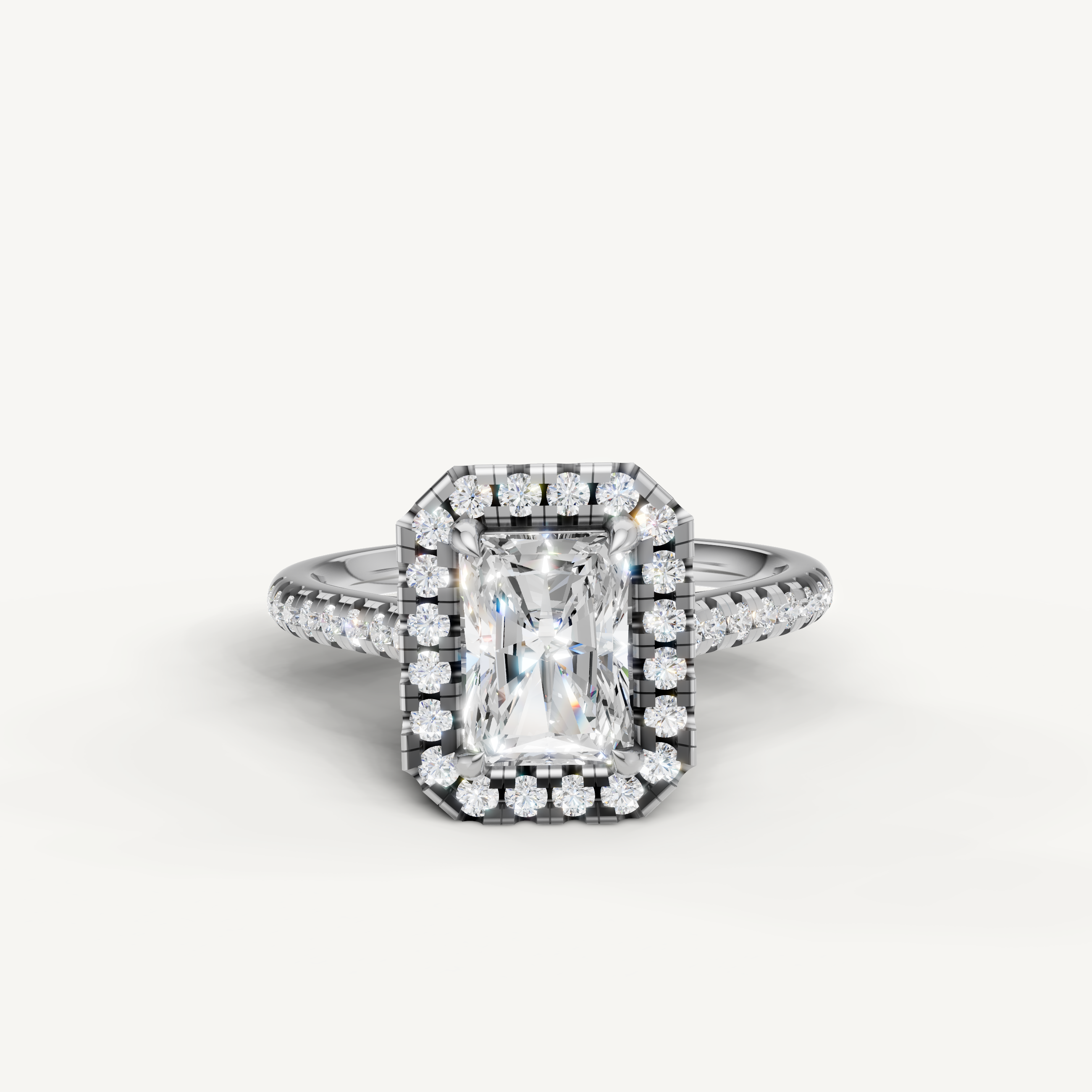 Raul Diamonds radiant cut halo engagement ring in white gold with pavé diamond band