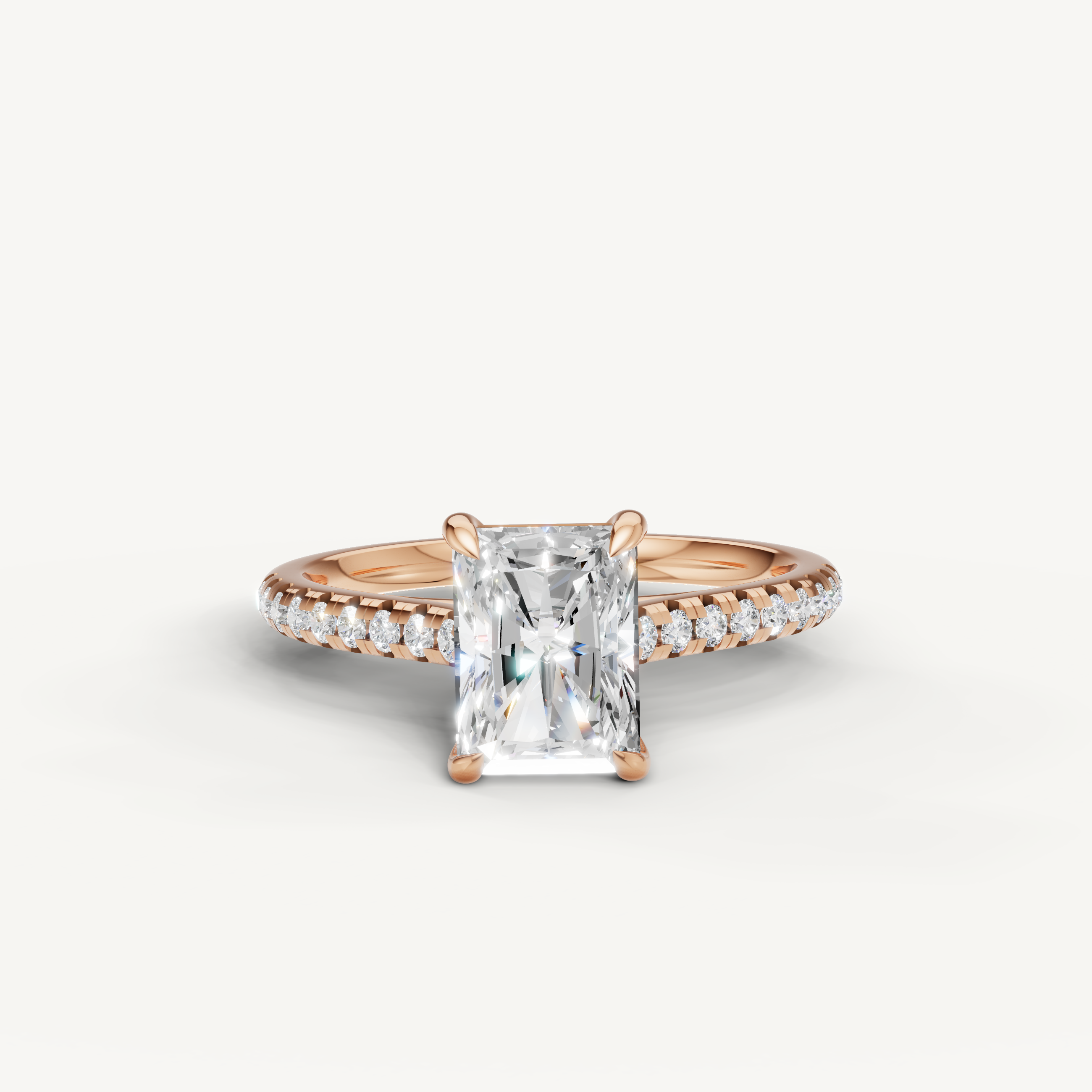Raul Diamonds radiant cut engagement ring in rose gold with pavé diamond band
