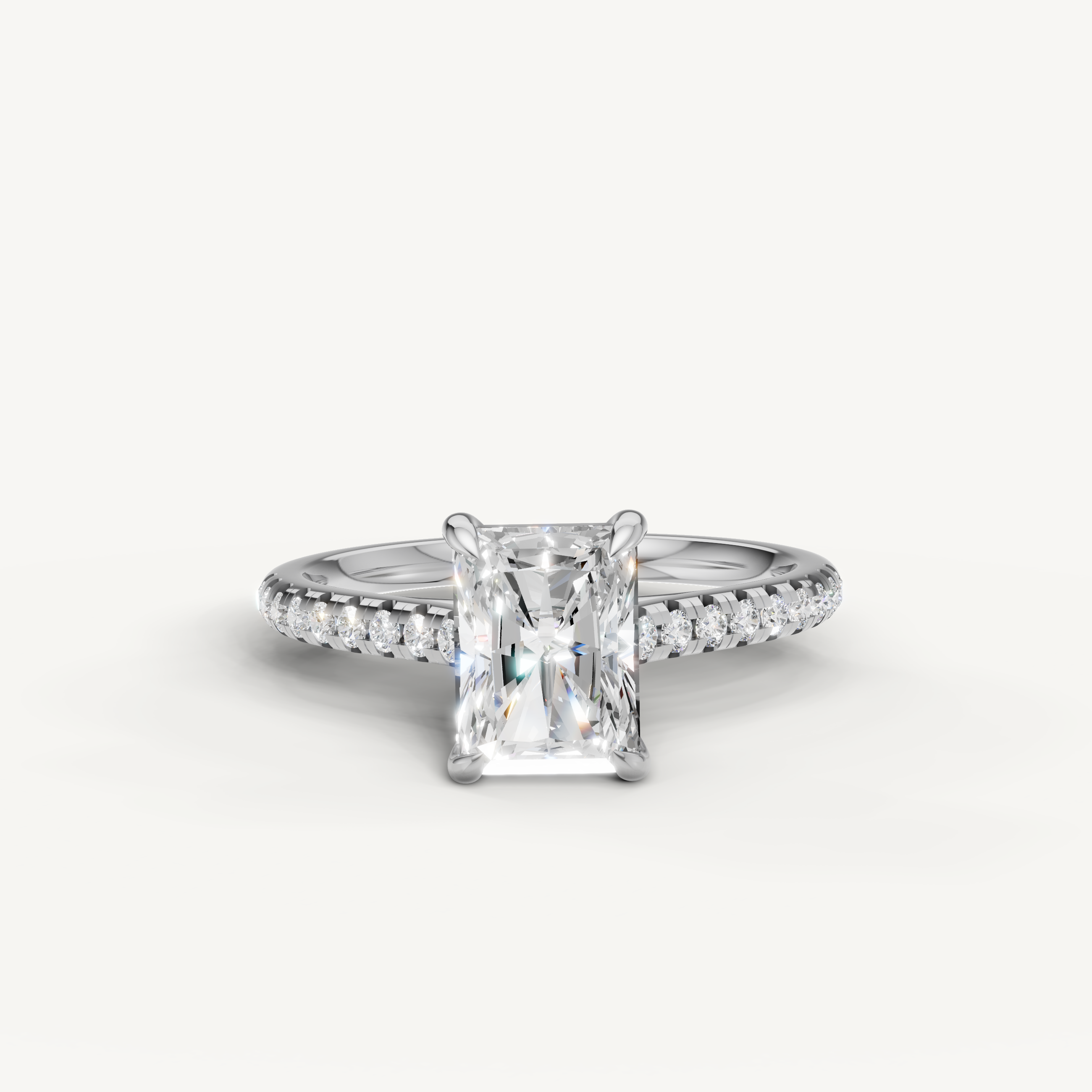 Raul Diamonds radiant cut engagement ring in white gold with pavé diamond band