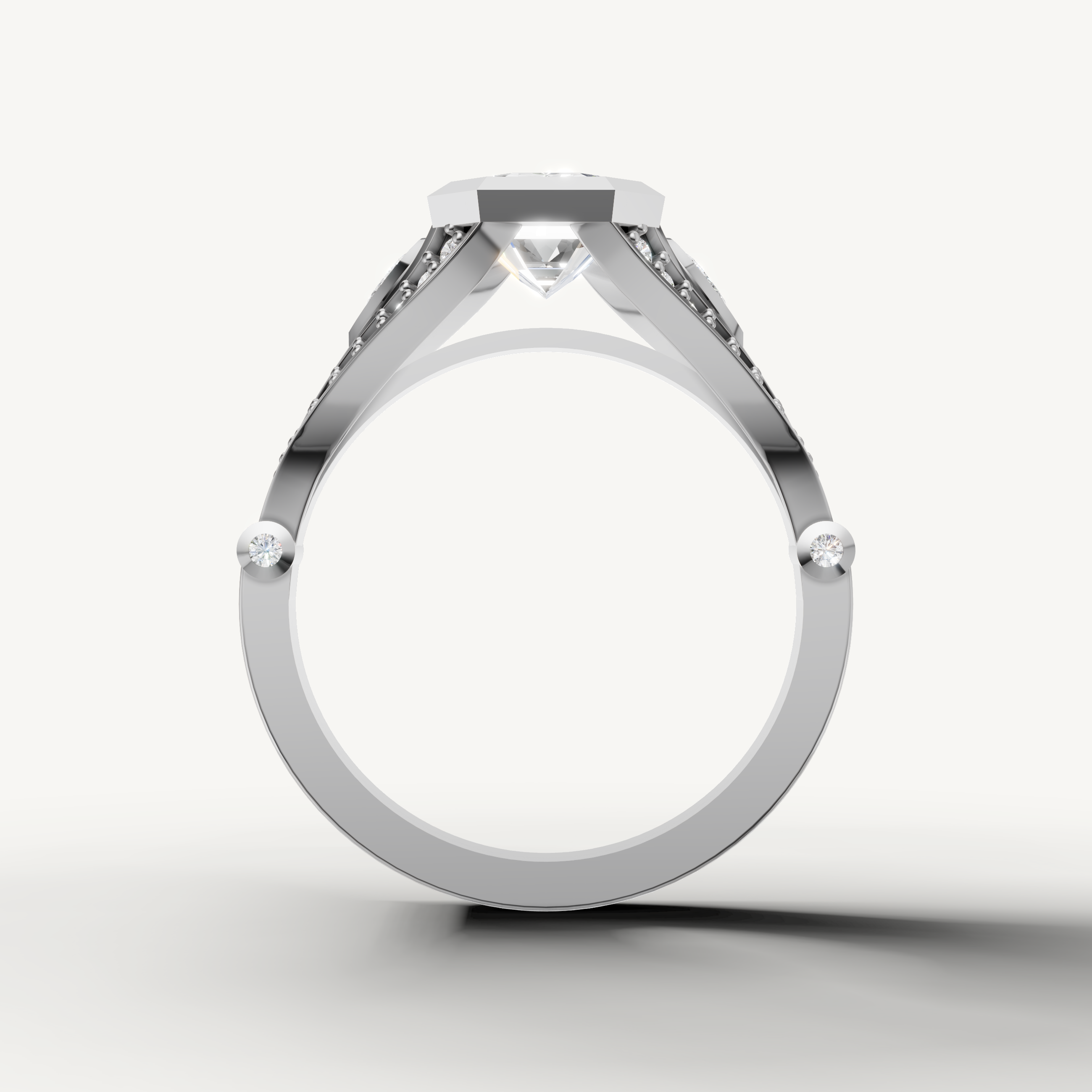 Premium Seo white gold geometric emerald cut diamond ring crafted by Raul Diamonds.
