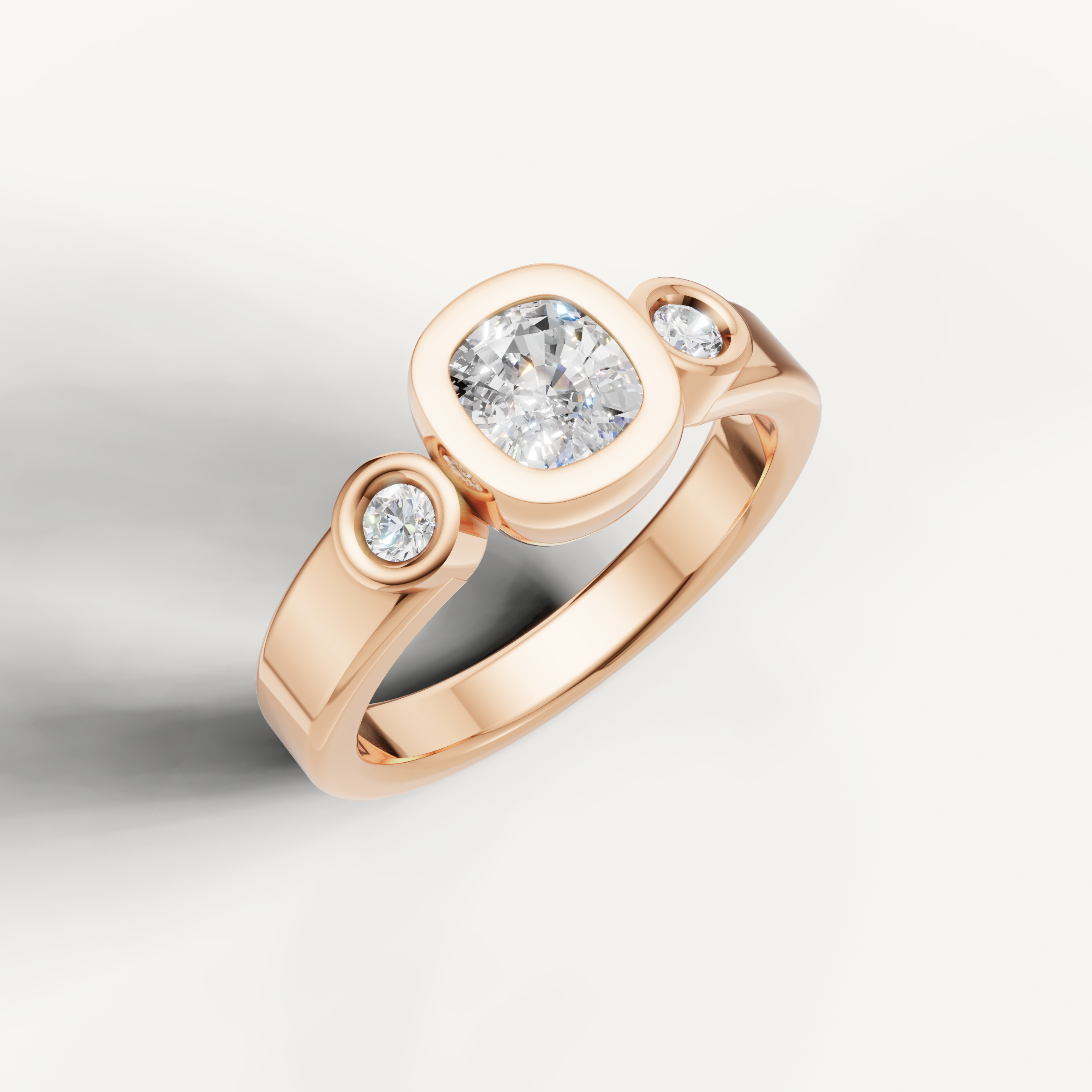 Seo white gold engagement ring with bezel set center stone and side diamonds by Raul Diamonds.