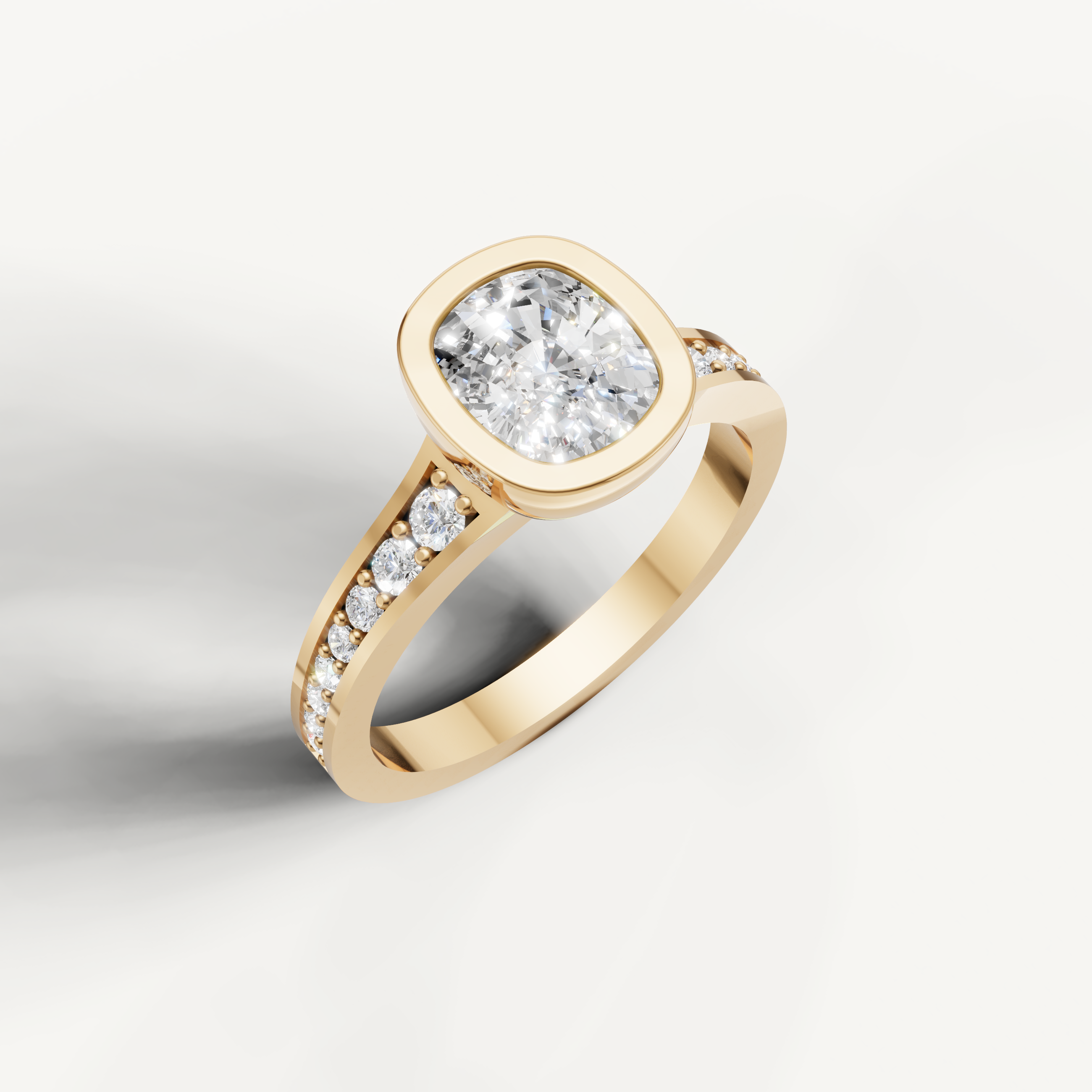 Seo rose gold cushion cut bezel ring with sparkling side diamonds from Raul Diamonds.