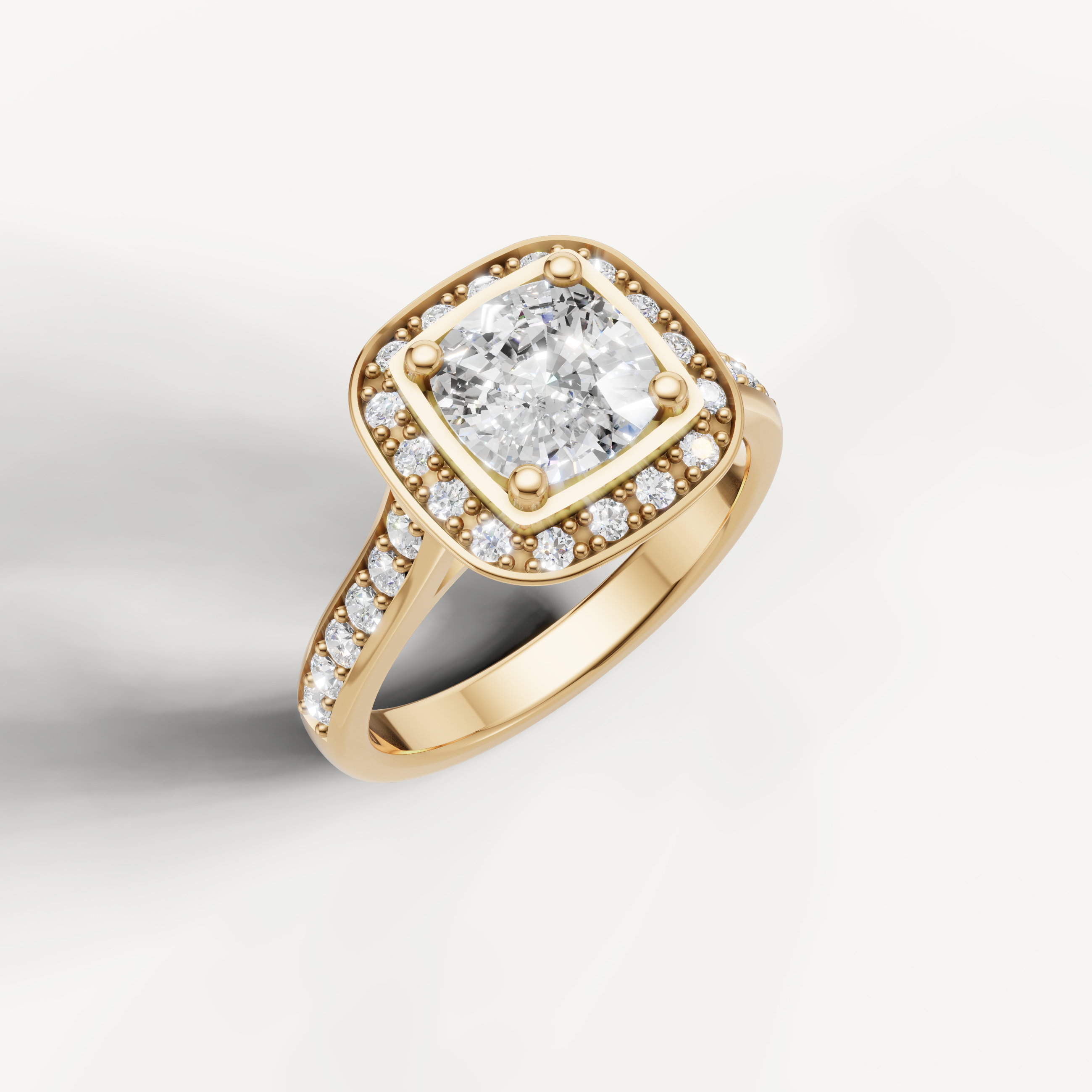Seo rose gold round halo diamond ring with cushion halo setting from Raul Diamonds.