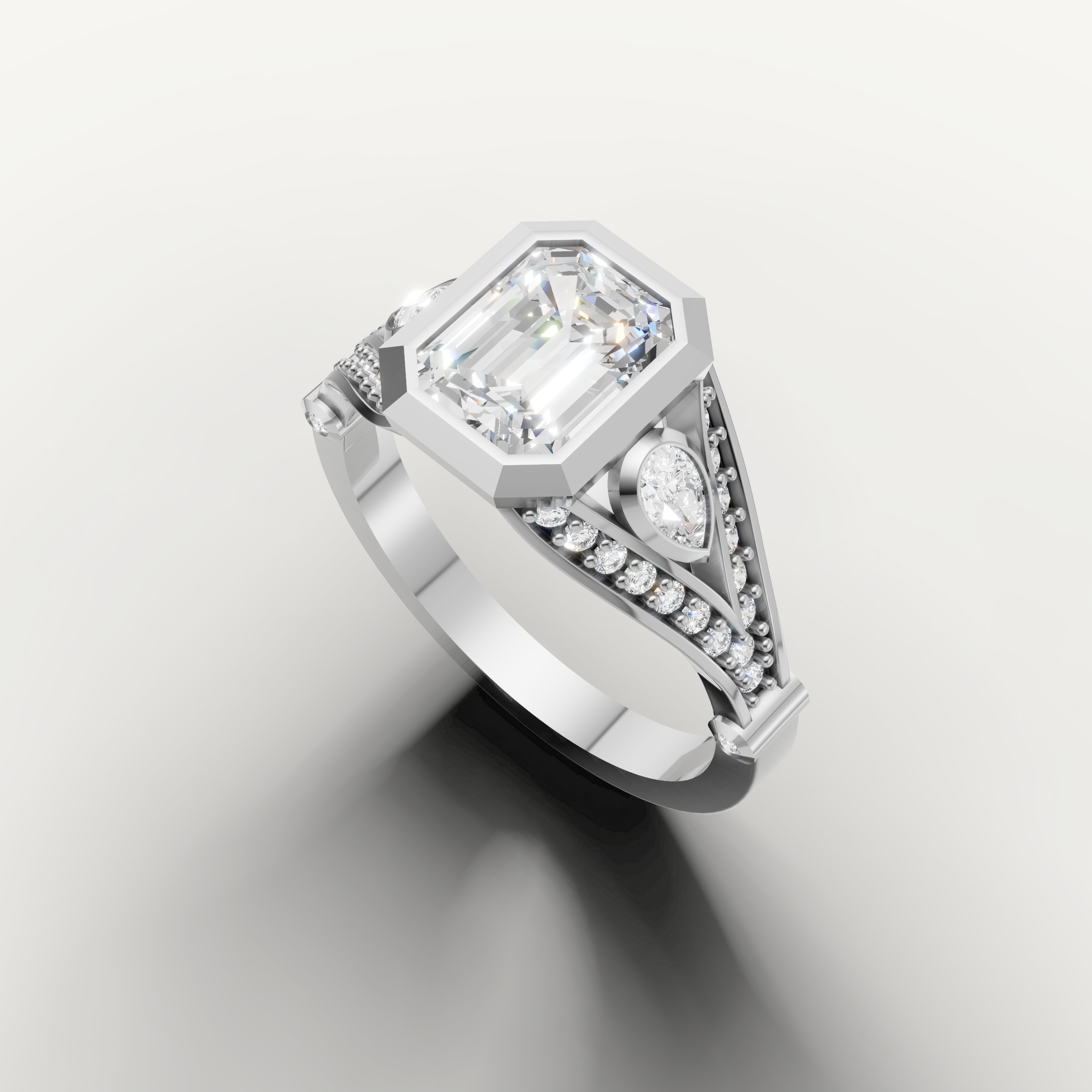 Romantic Seo rose gold emerald cut bezel ring with pavé diamonds from Raul Diamonds.