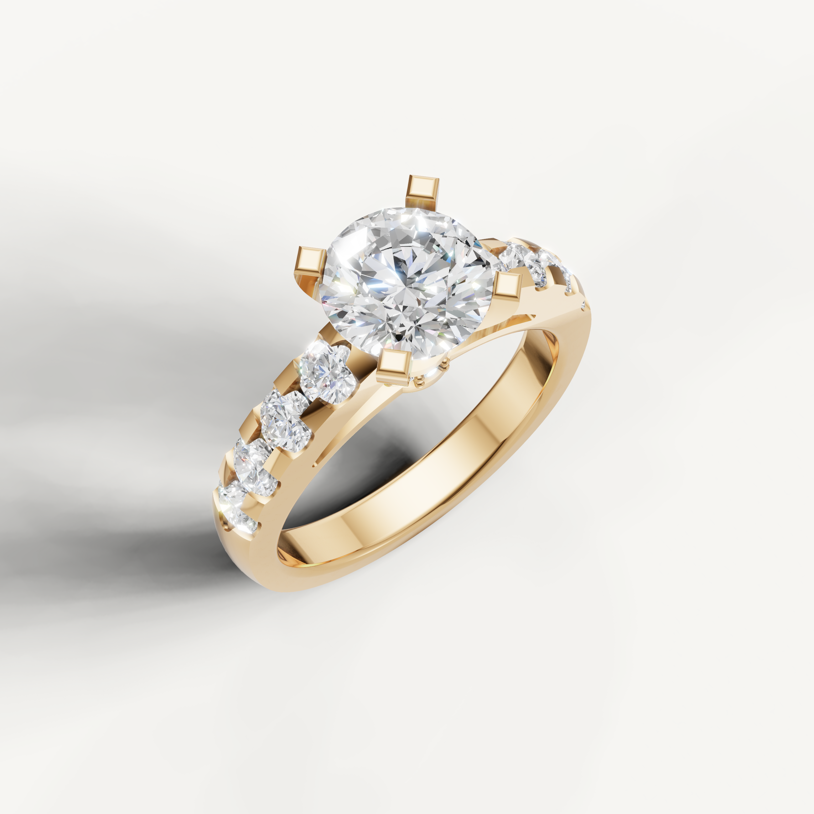 Seo rose gold round cut diamond ring with sparkling side stones from Raul Diamonds.