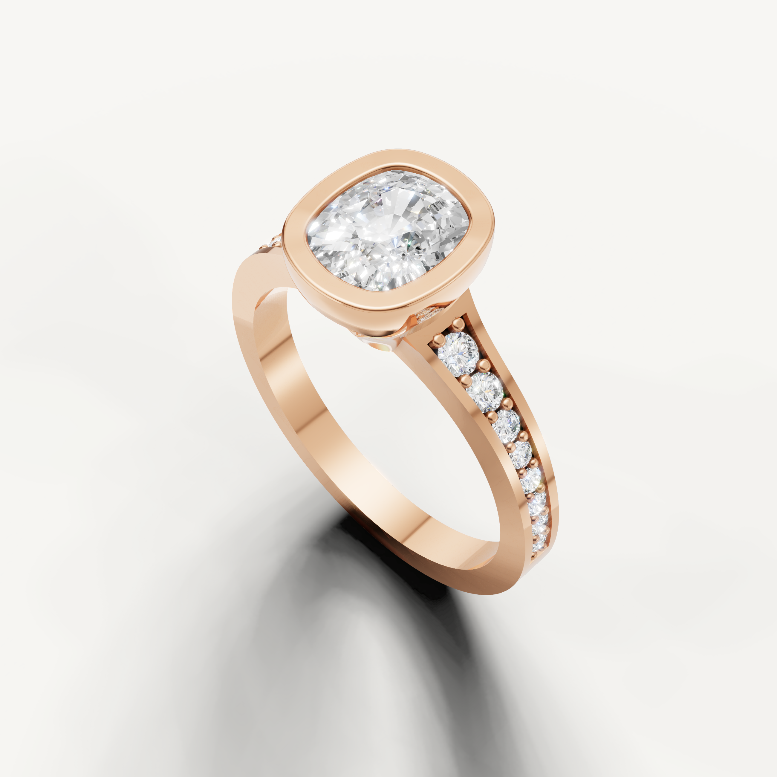 Luxury Seo yellow gold cushion cut ring with diamond pavé band from Raul Diamonds.