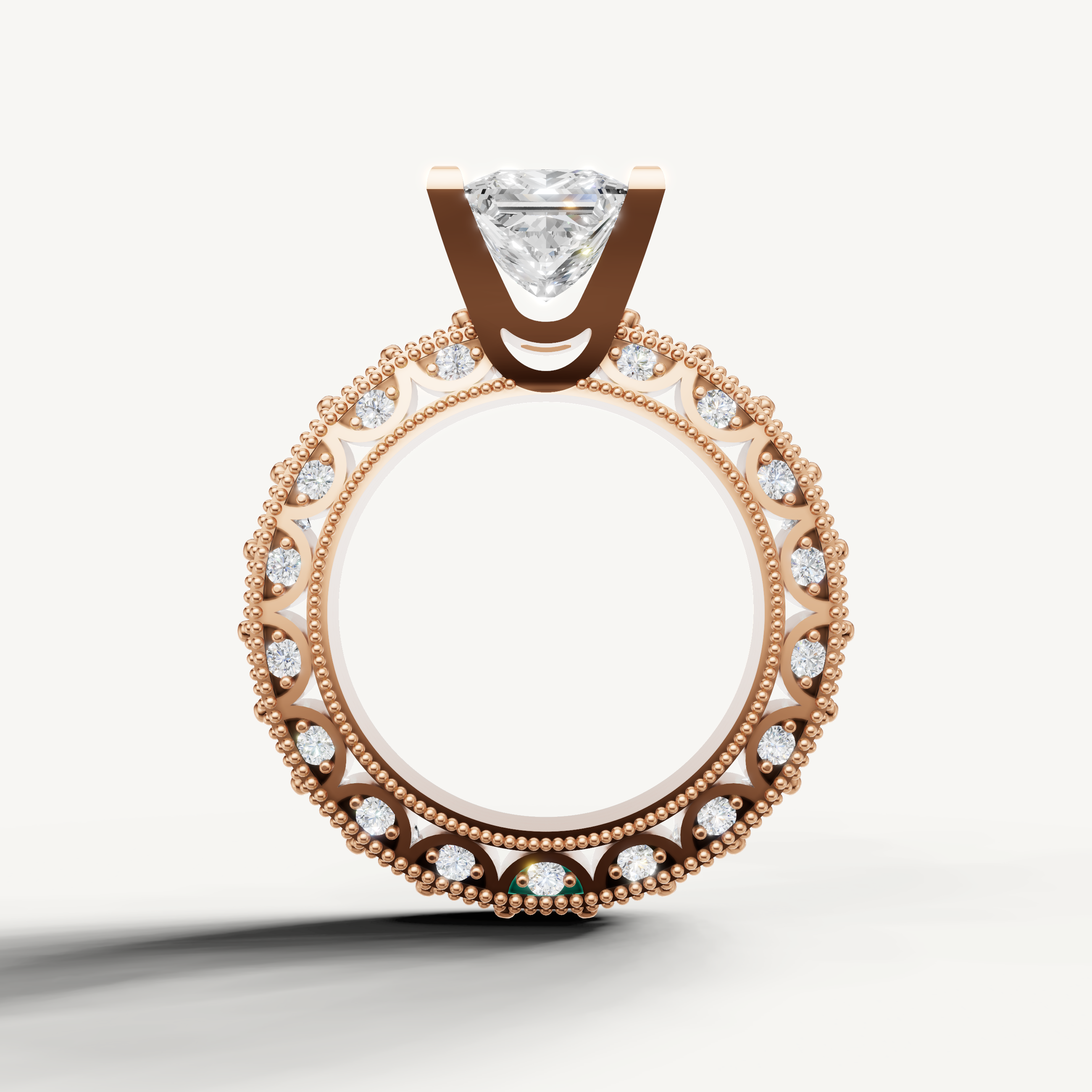 Brilliant Seo rose gold princess engagement ring with detailed milgrain edges from Raul Diamonds.