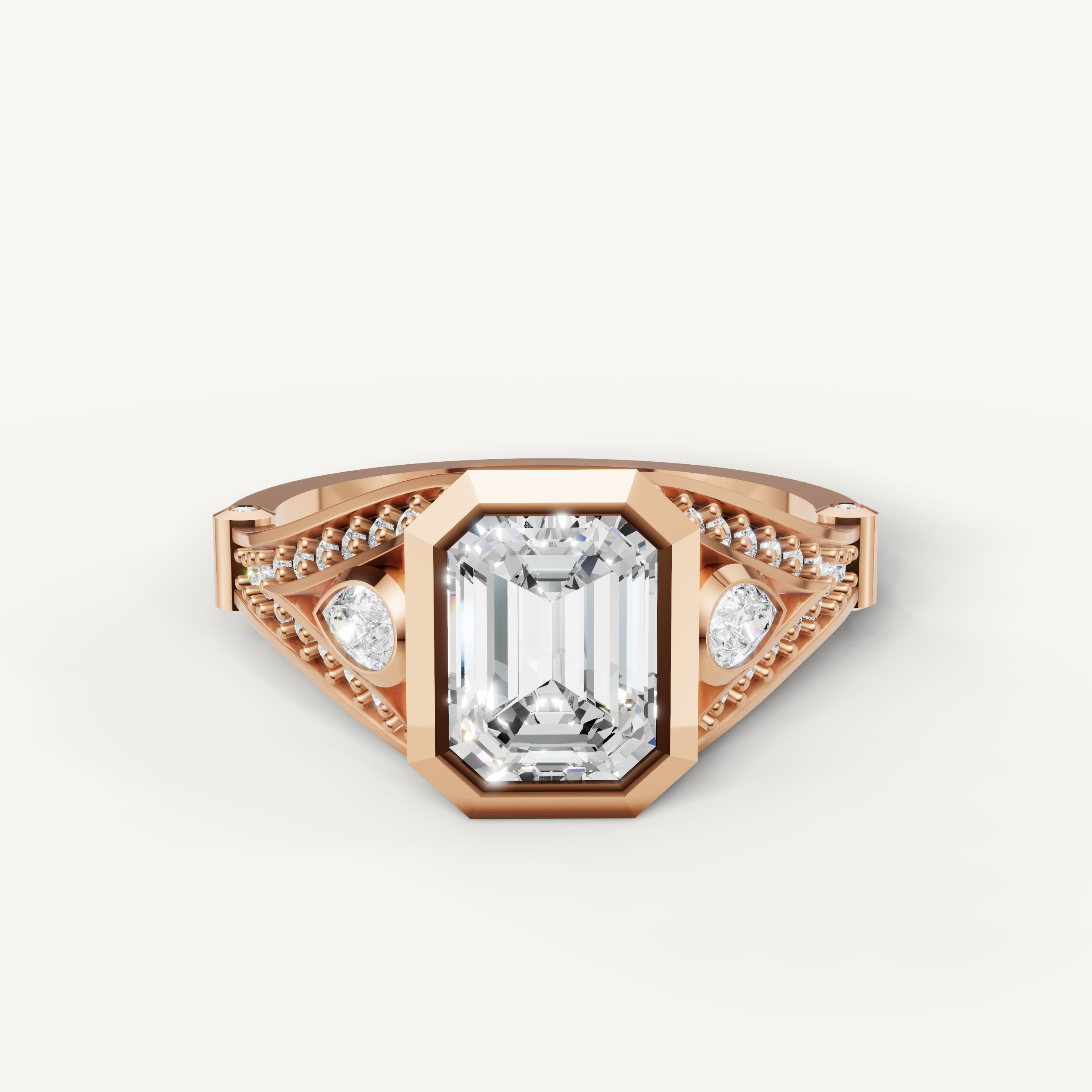 Elegant Seo rose gold geometric emerald diamond ring crafted by Raul Diamonds.