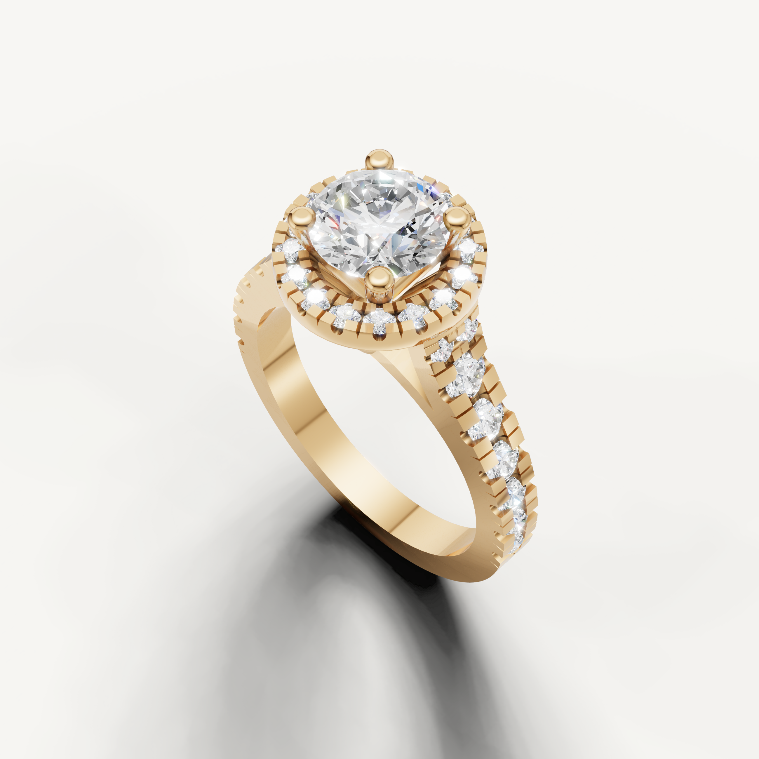 Seo white gold halo engagement ring with sparkling side diamonds by Raul Diamonds.