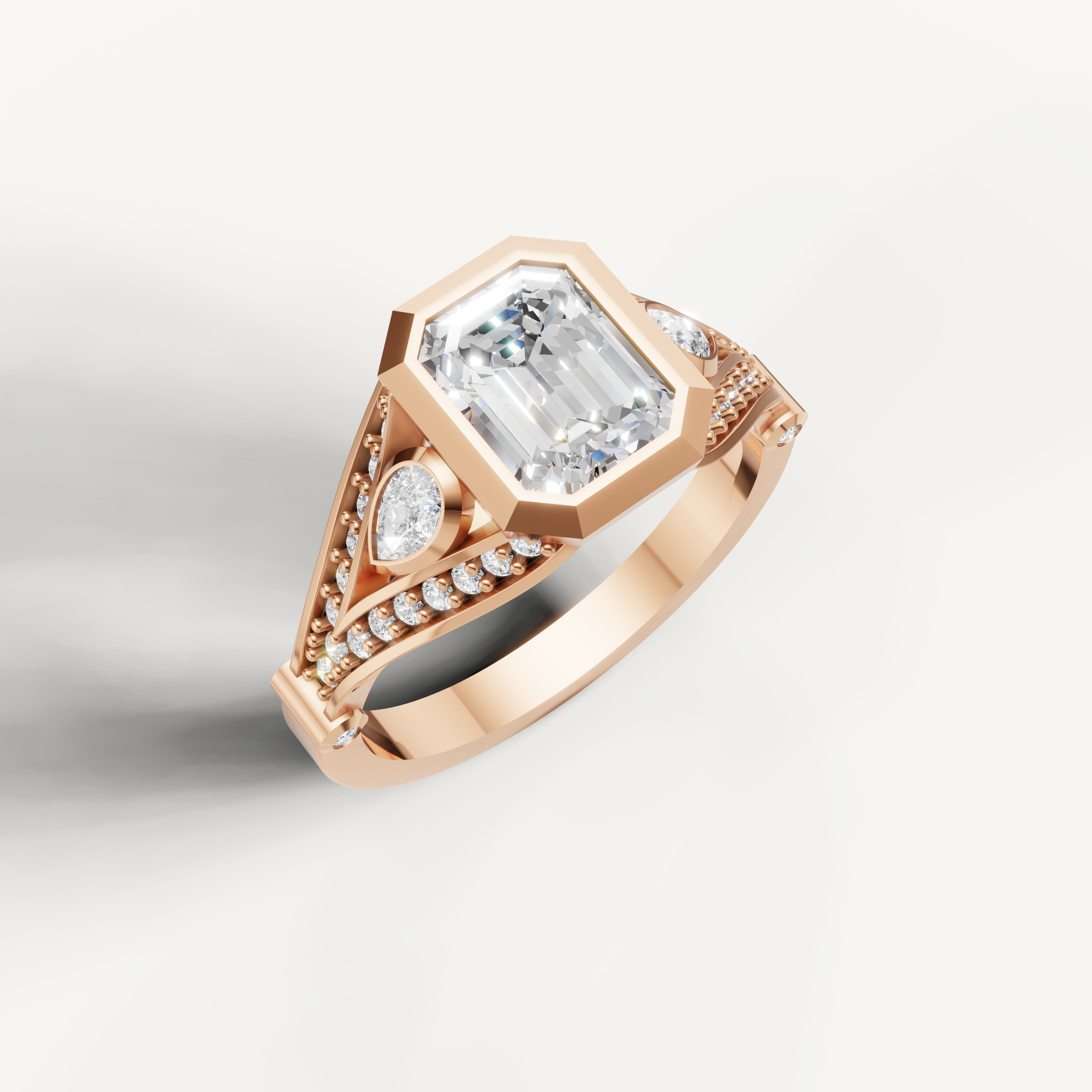 Seo white gold emerald cut diamond ring with side accent stones by Raul Diamonds.