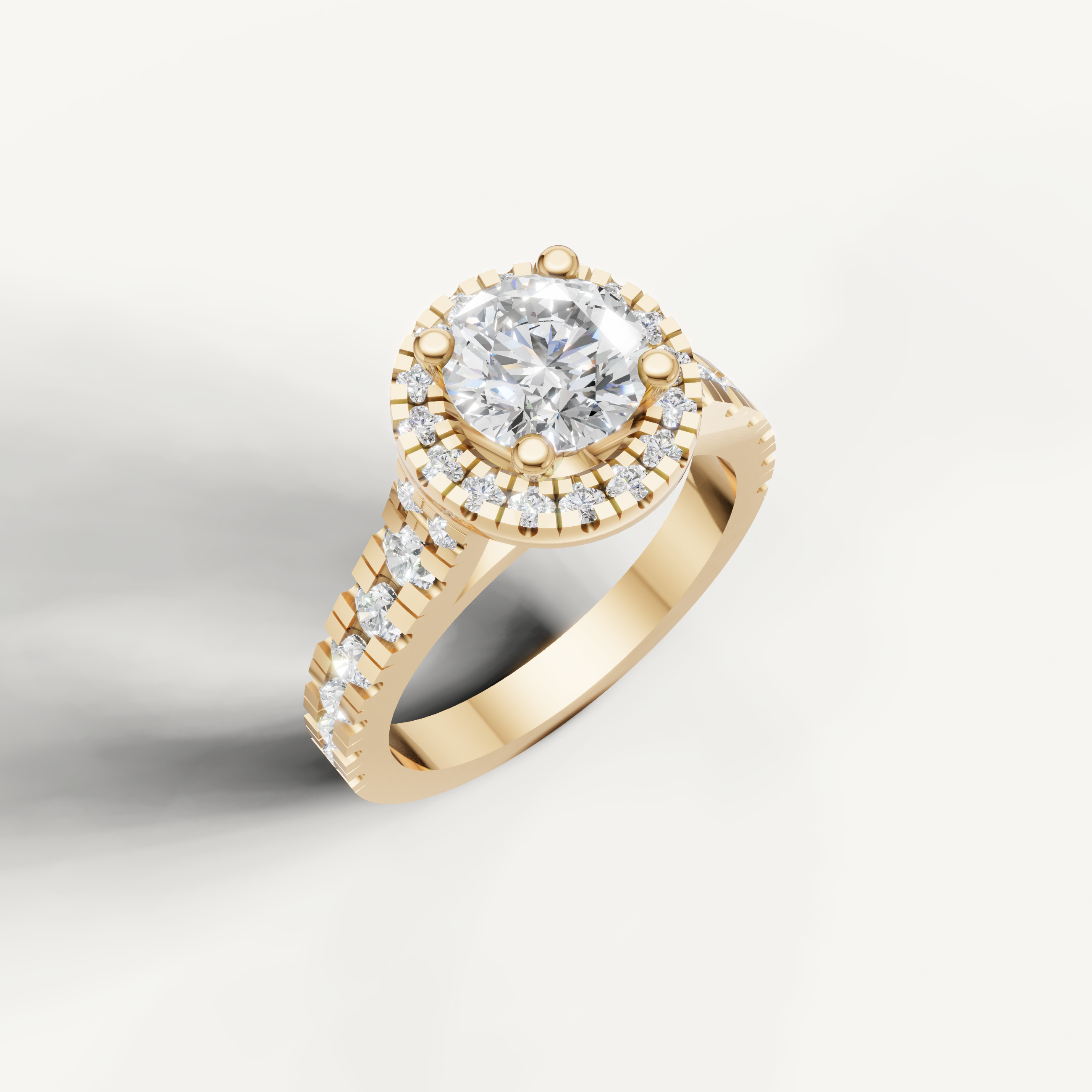 Seo rose gold round halo diamond ring with pavé accents from Raul Diamonds.