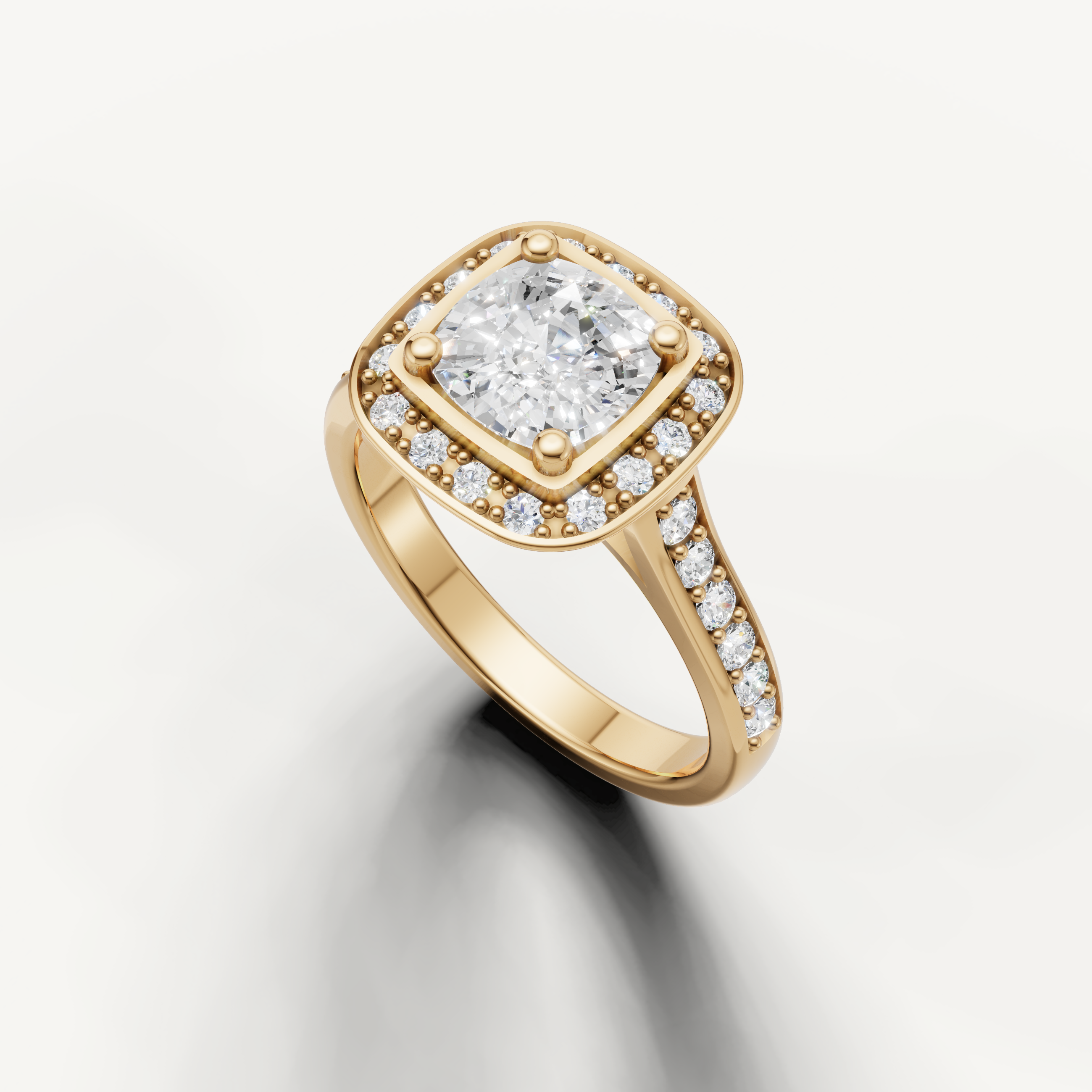 Seo white gold round diamond halo engagement ring with sparkling side stones by Raul Diamonds.