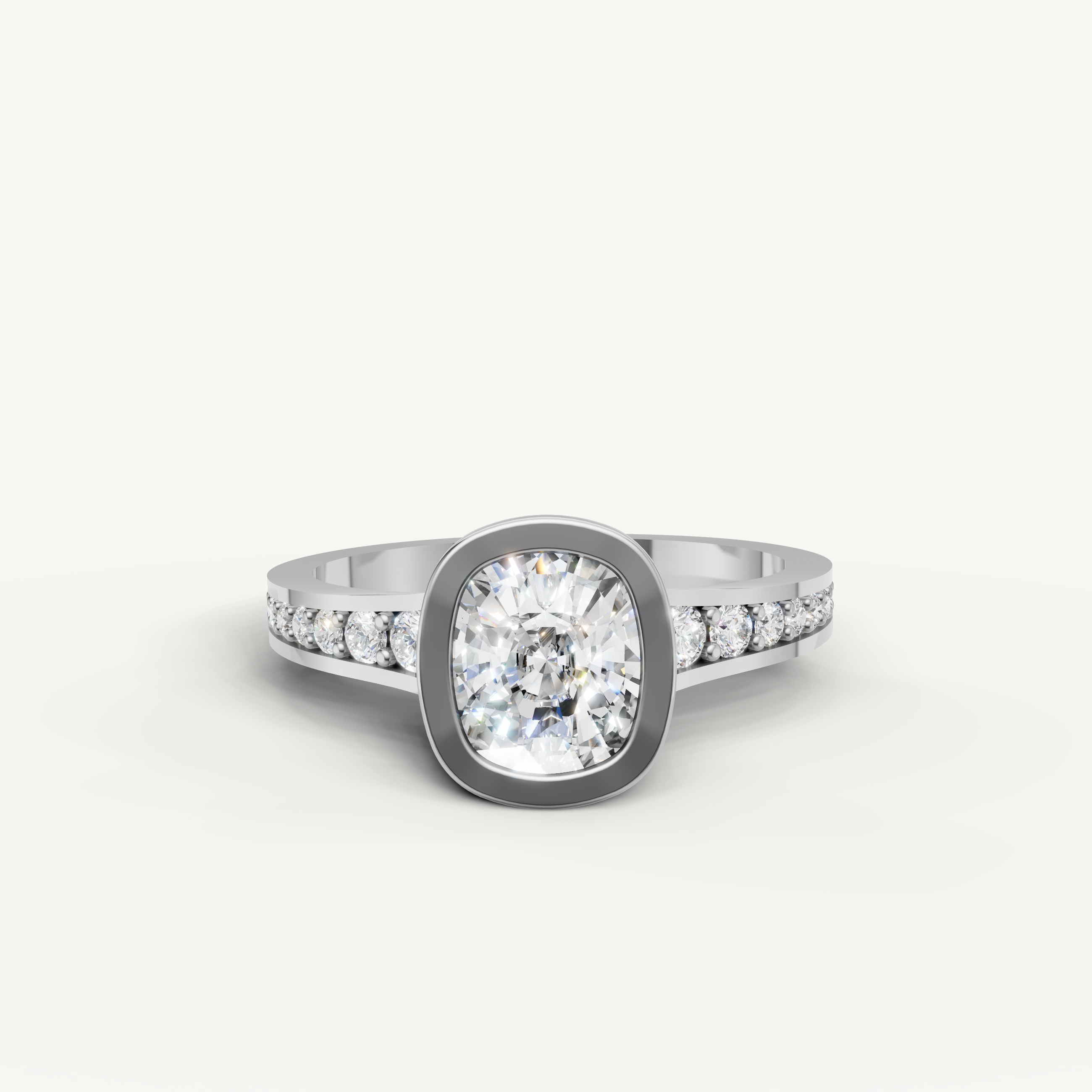 Seo white gold cushion engagement ring with polished bezel setting by Raul Diamonds.