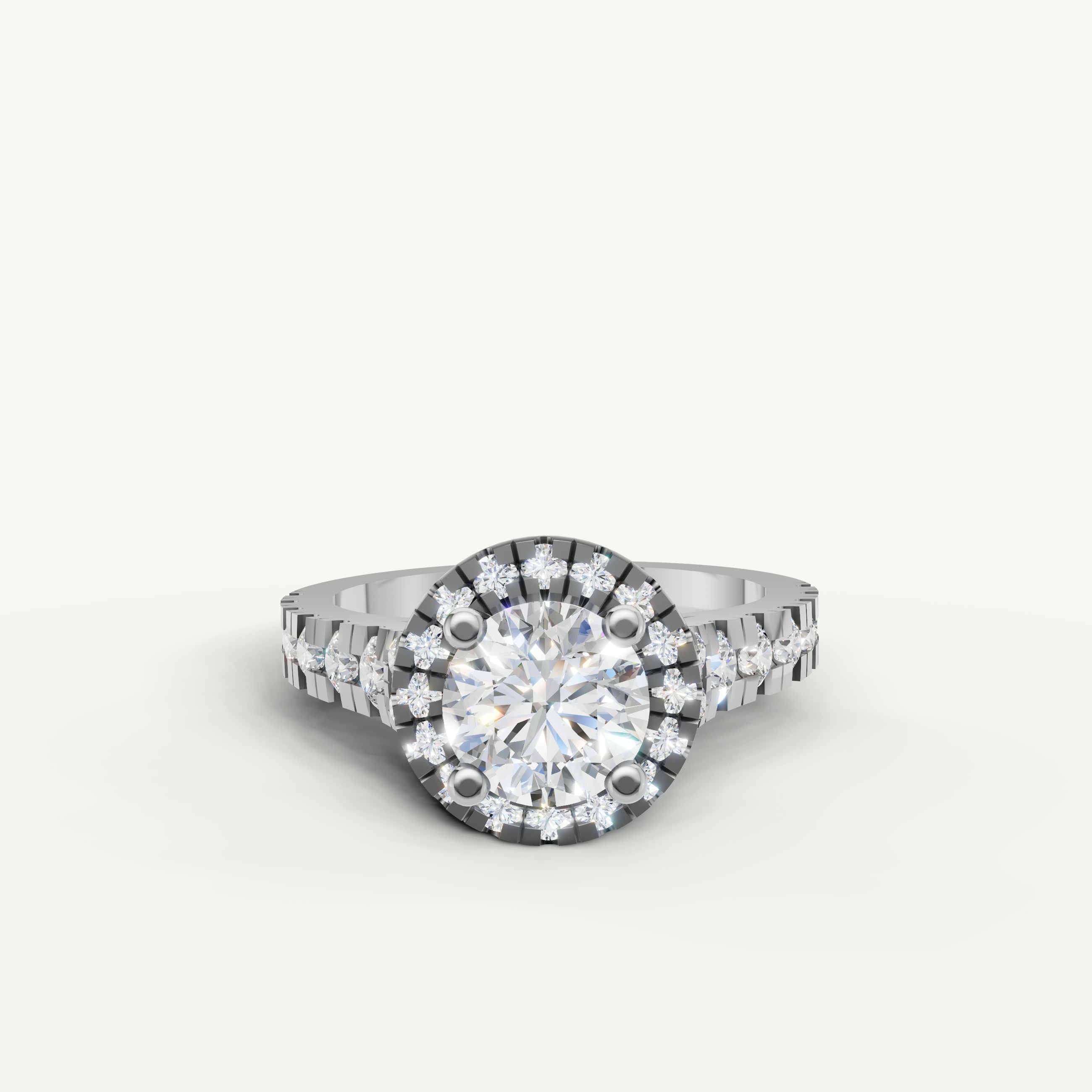 Seo white gold halo diamond engagement ring with classic round center stone by Raul Diamonds.
