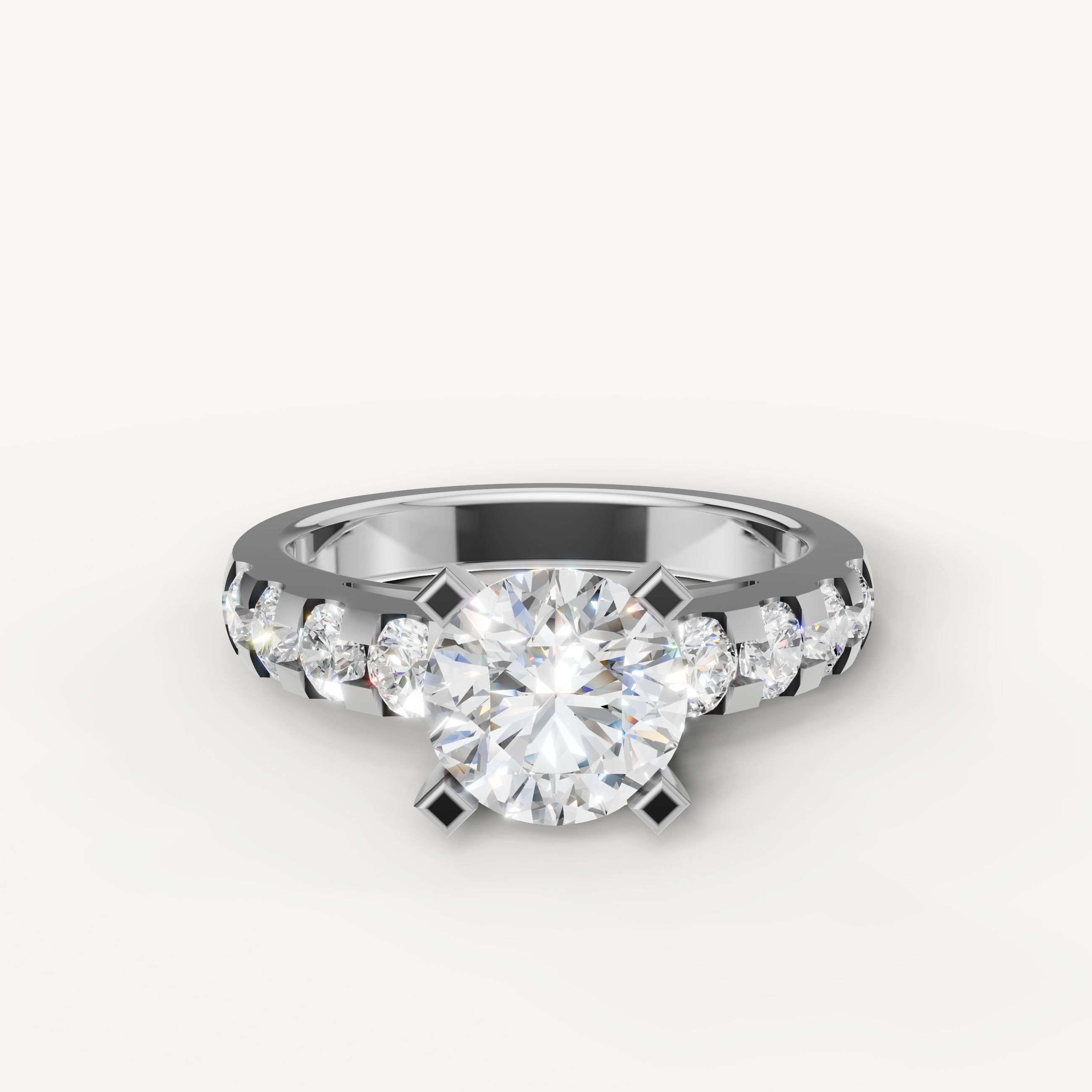 Seo white gold modern round diamond ring with polished gold finish by Raul Diamonds.
