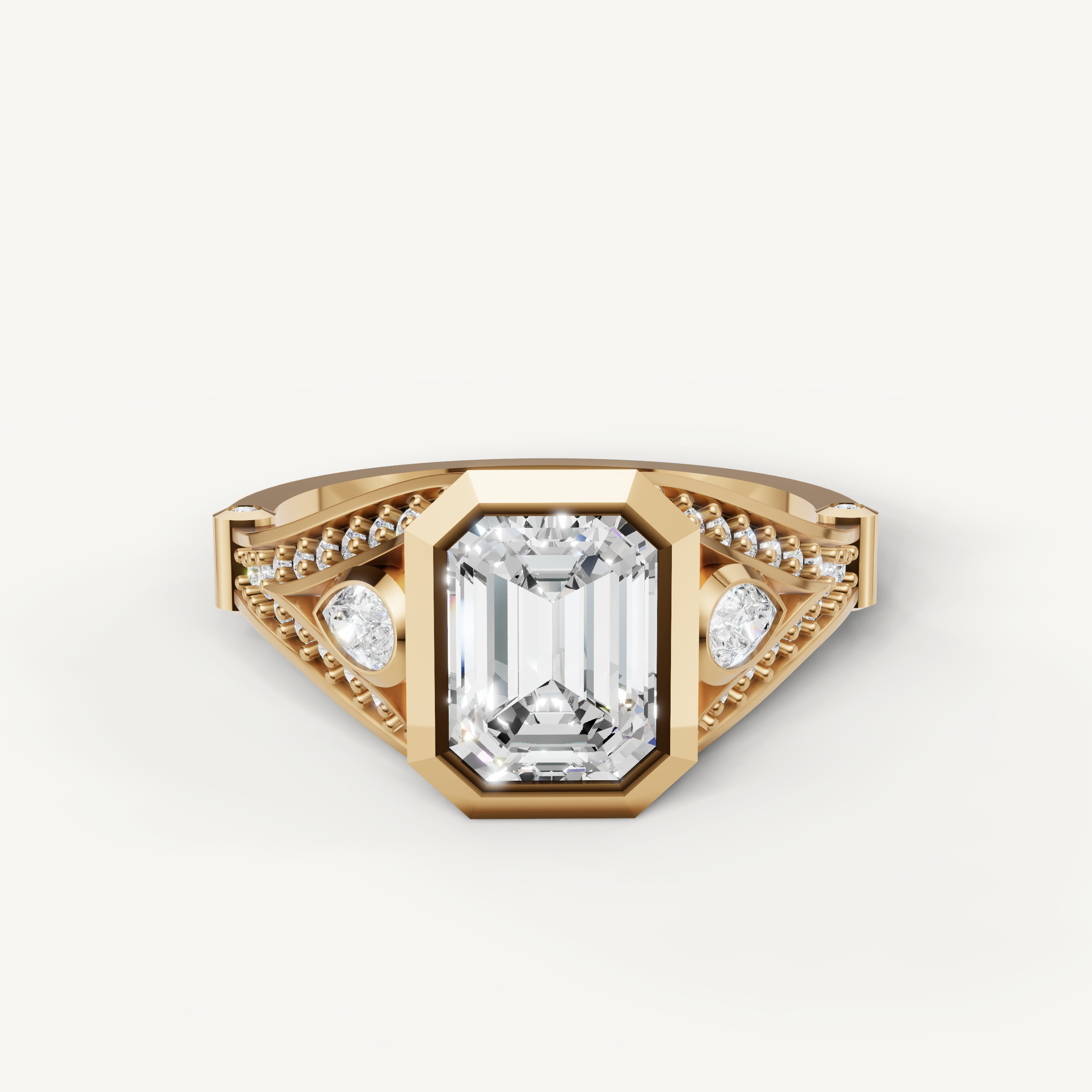 Seo yellow gold emerald cut bezel diamond engagement ring by Raul Diamonds.
