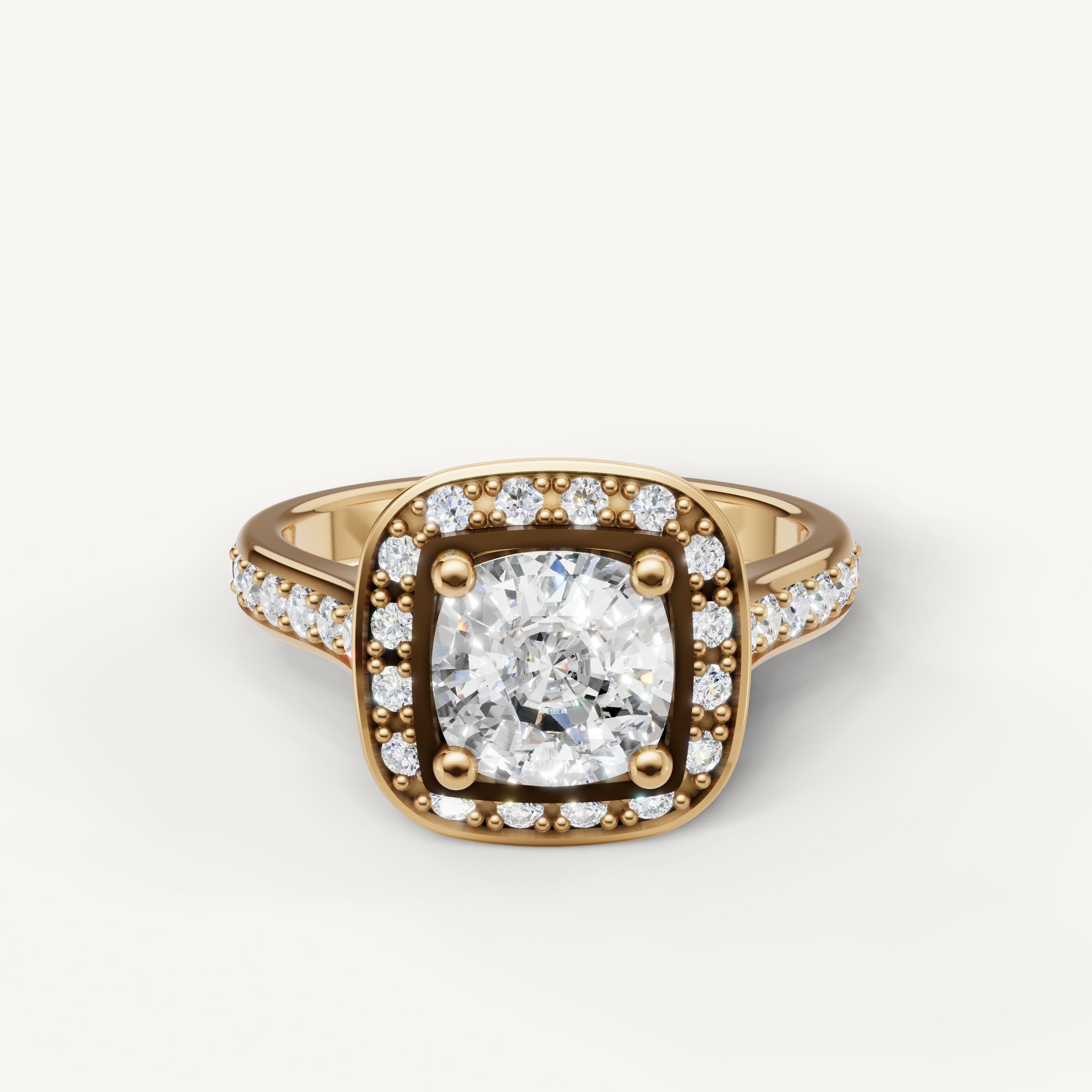Seo yellow gold round halo diamond engagement ring with pavé band by Raul Diamonds.
