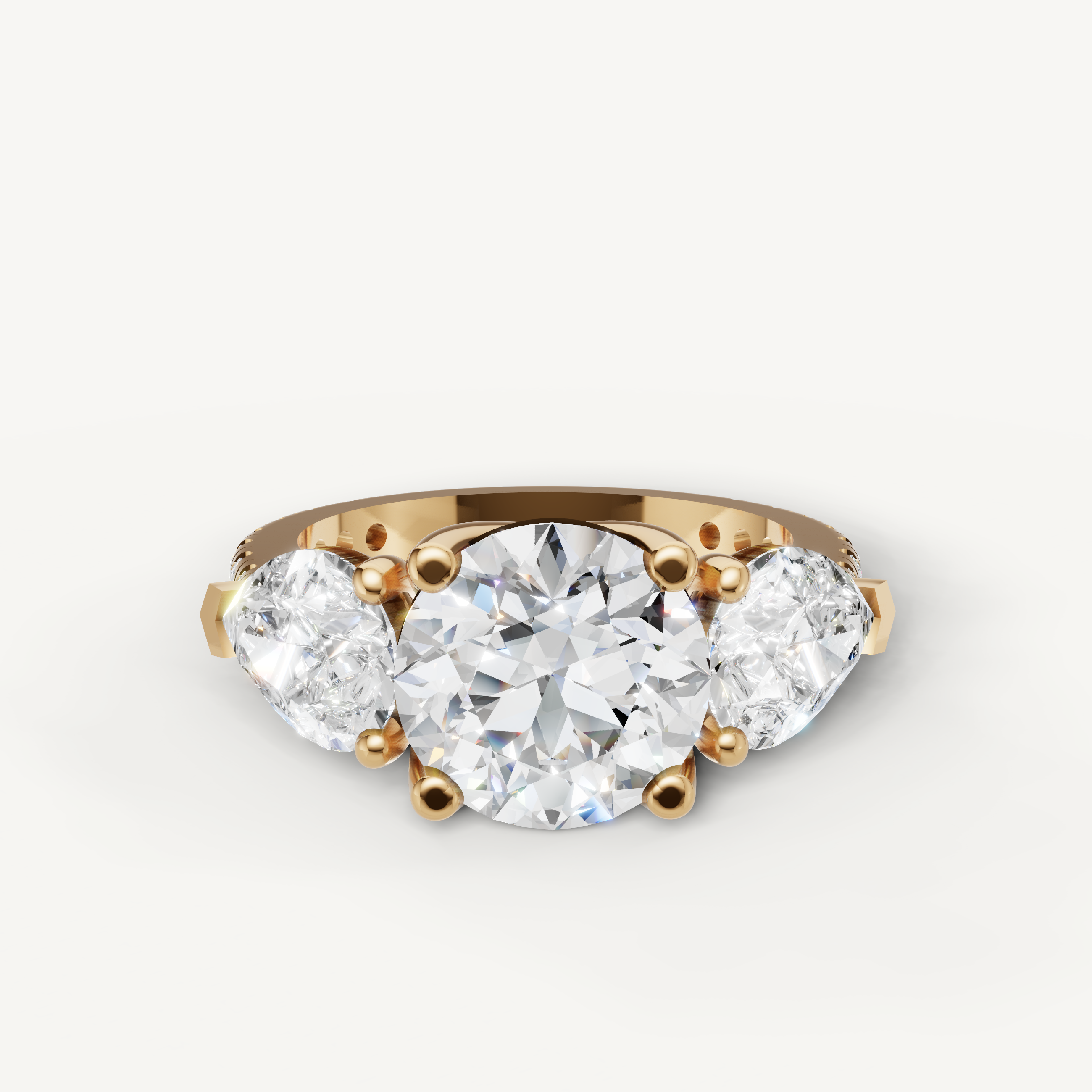 Seo yellow gold oval three stone diamond engagement ring by Raul Diamonds.