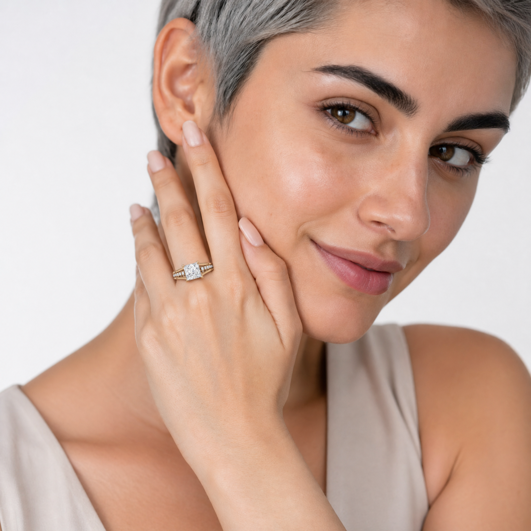 Elegant Model Wearing Princess Cut Lab Grown Diamond Engagement Ring in 14K Yellow Gold – Raul Diamonds
