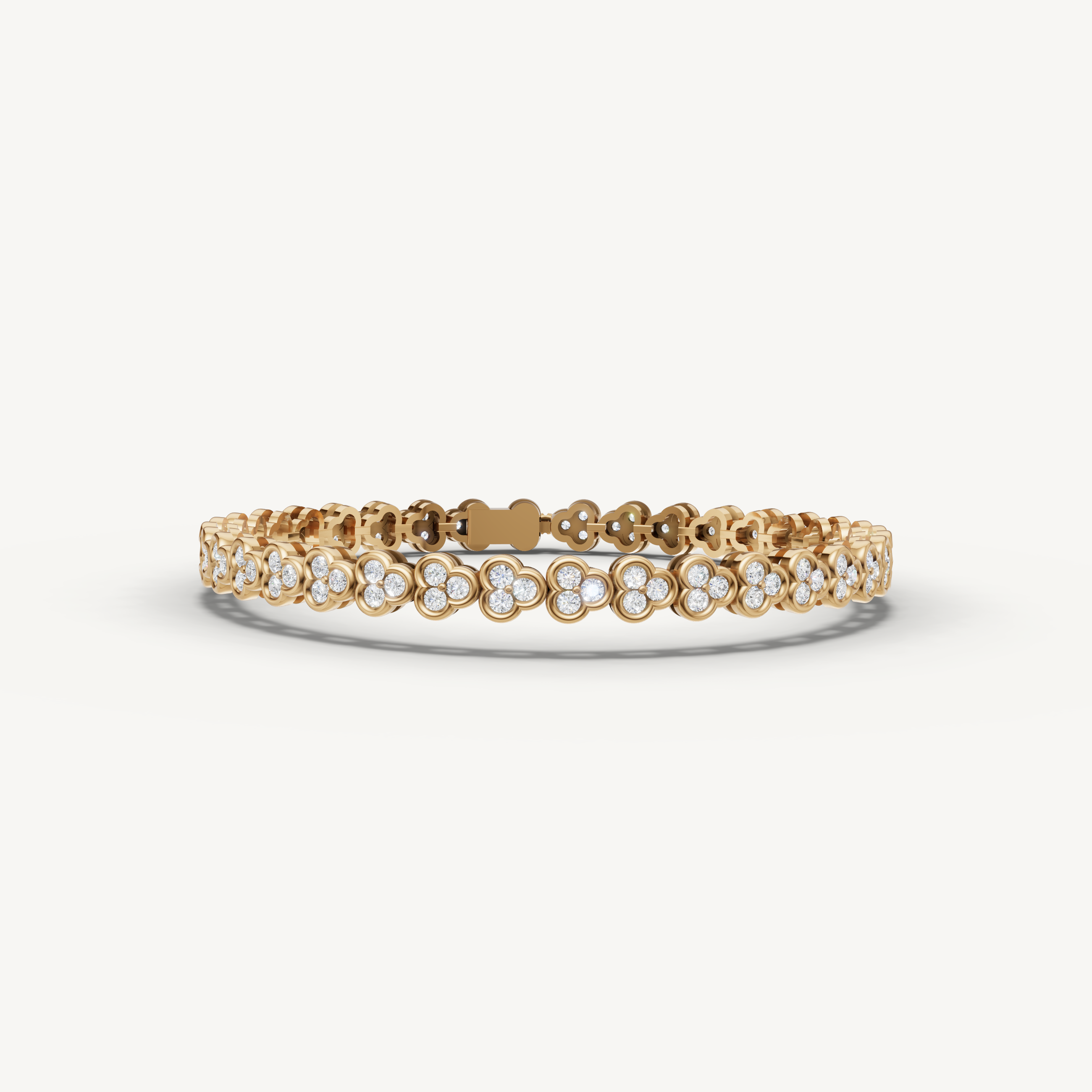 Yellow gold floral lab grown diamond tennis bracelet with elegant clover inspired design by Raul Diamonds