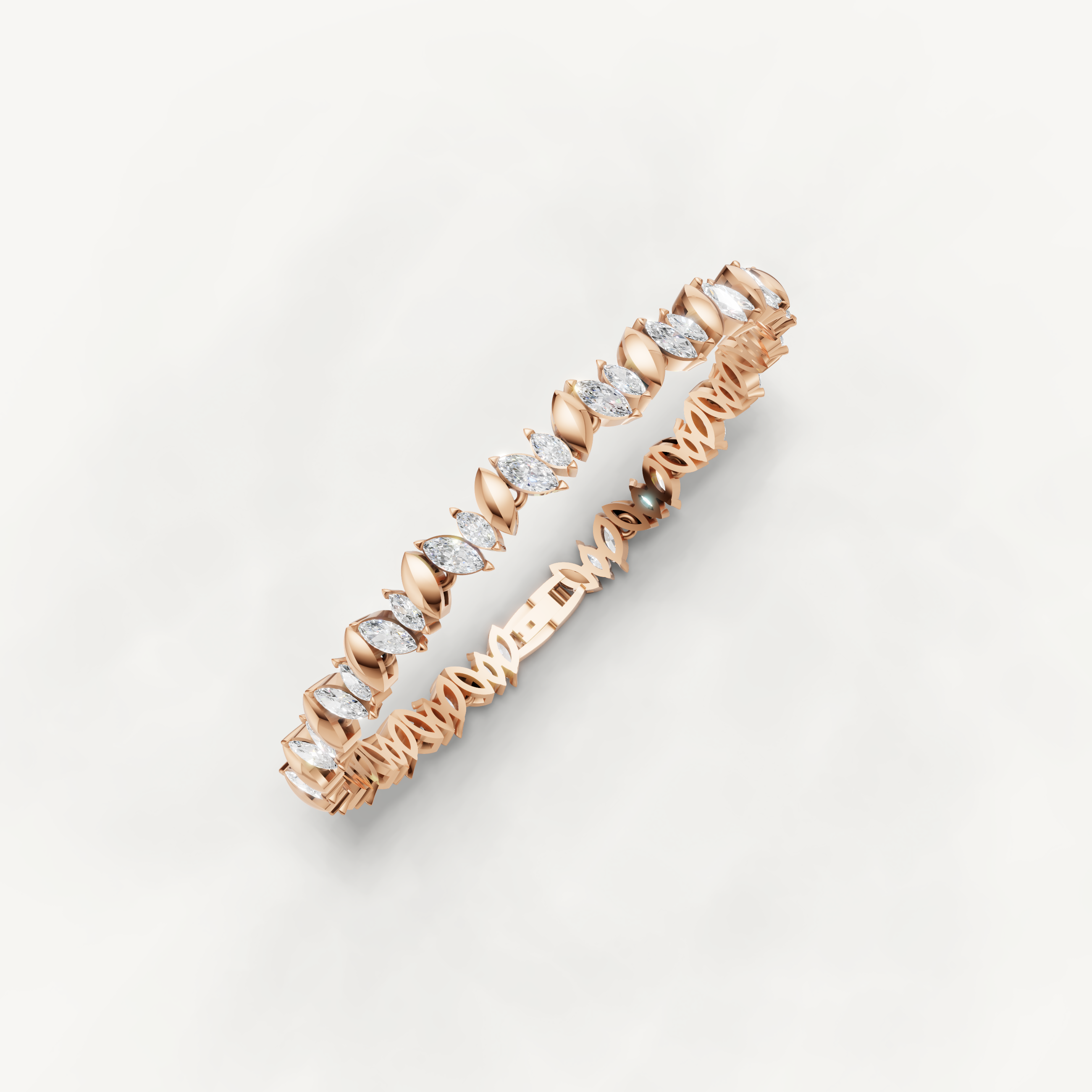 Rose gold fine jewelry bracelet with modern leaf inspired diamond pattern by Raul Diamonds