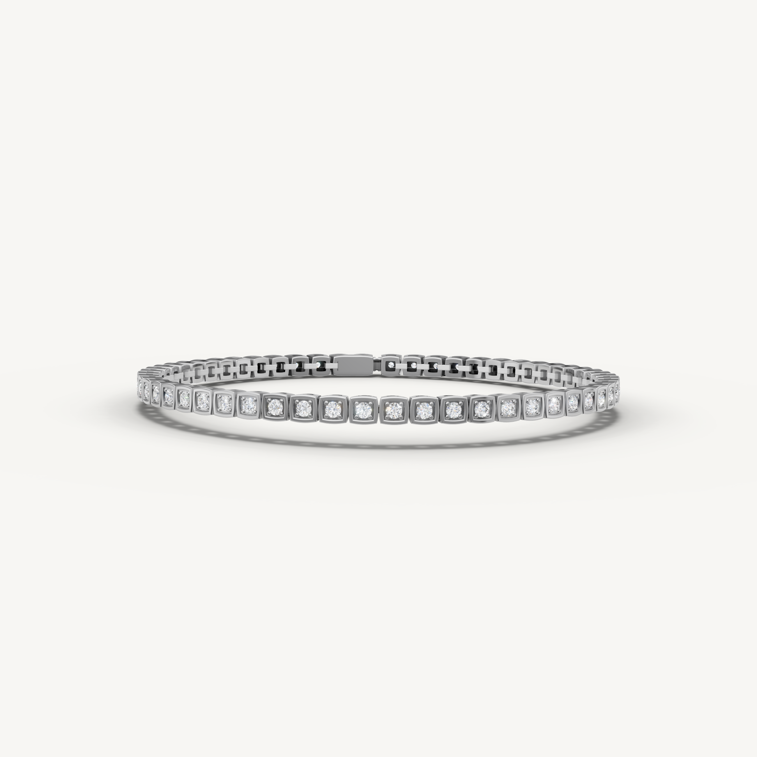 White gold bezel set lab grown diamond tennis bracelet with modern luxury appeal by Raul Diamonds