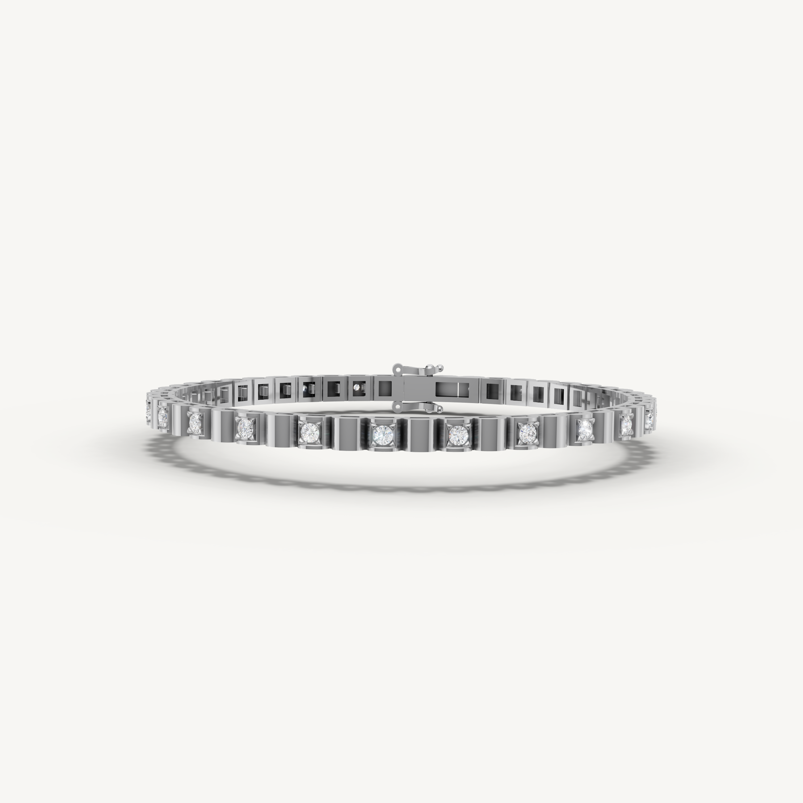 White gold bezel set lab grown diamond tennis bracelet with sleek modern detailing by Raul Diamonds