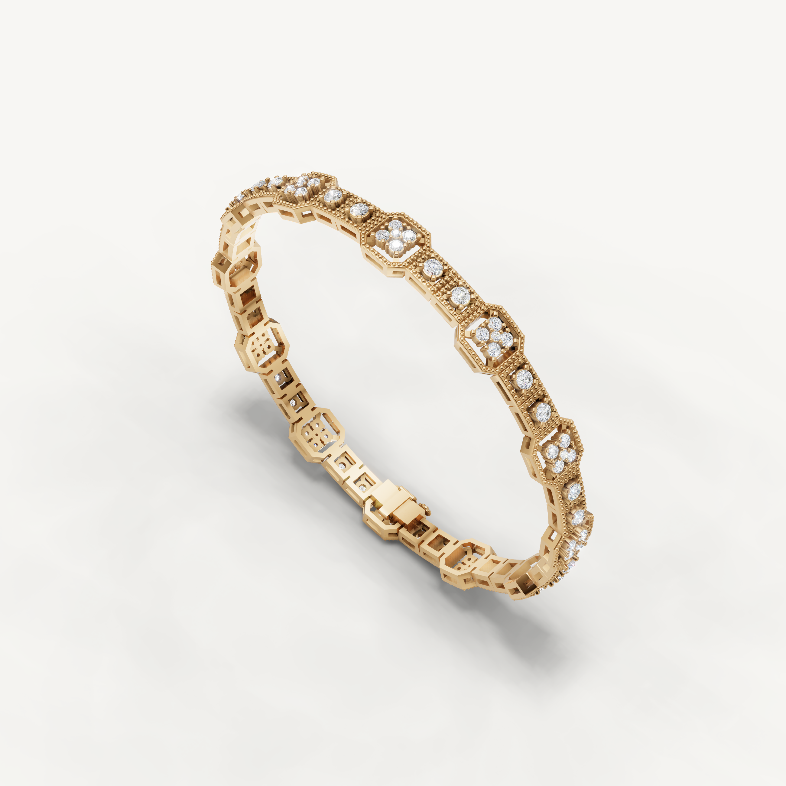 Elegant yellow gold diamond tennis bracelet with Art Deco inspired styling by Raul Diamonds