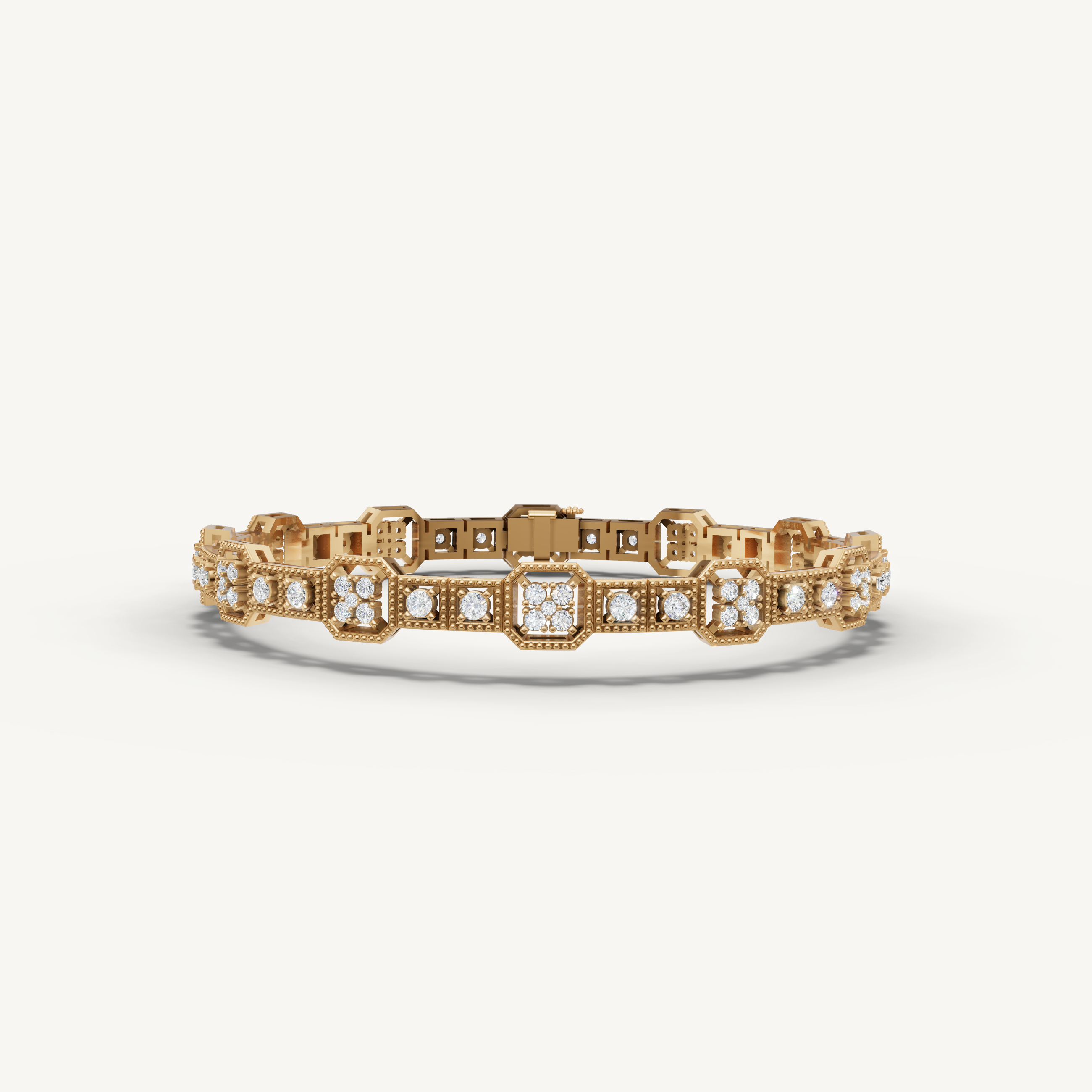 Yellow gold geometric lab grown diamond tennis bracelet with vintage elegance by Raul Diamonds