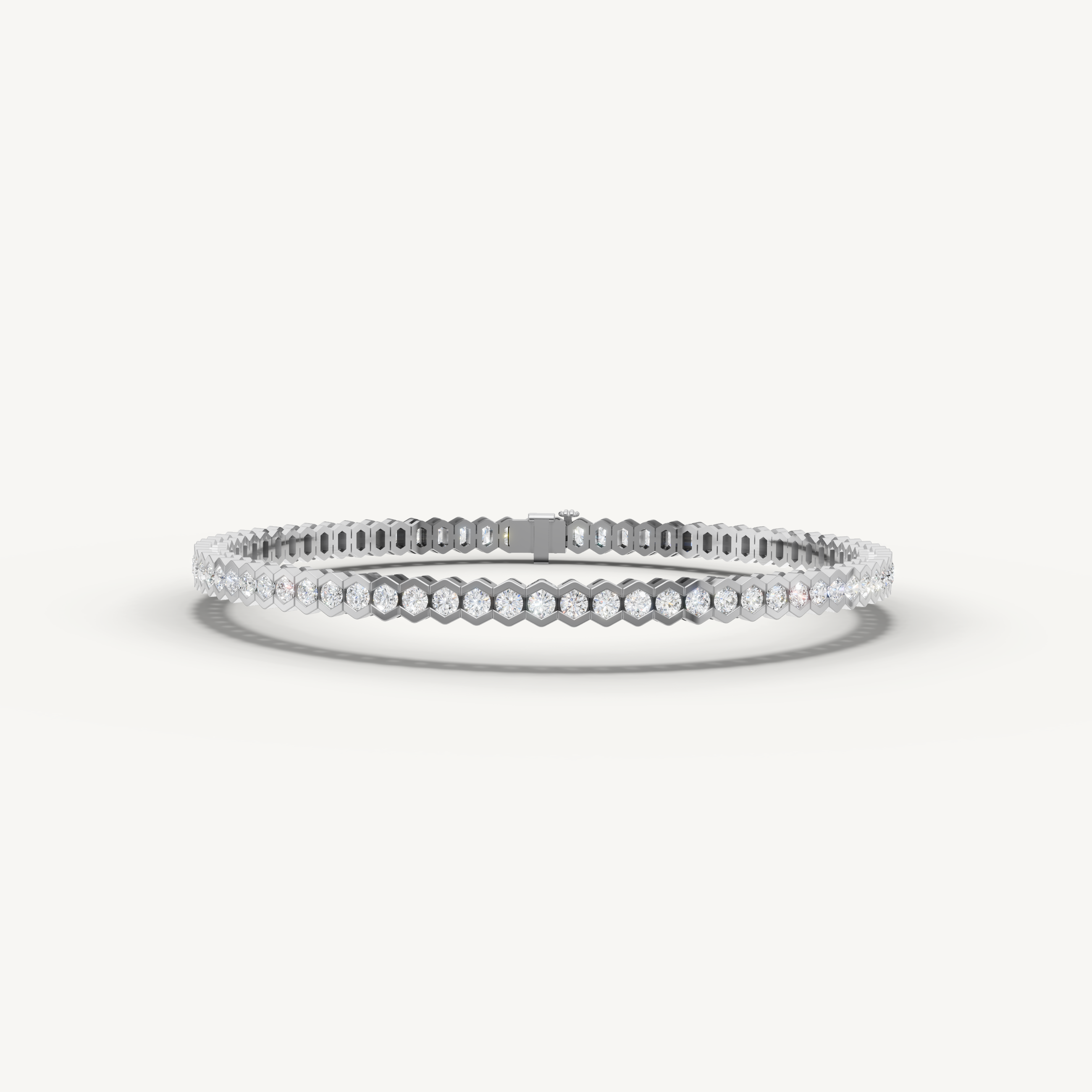 White gold bezel set lab grown diamond tennis bracelet with geometric detailing by Raul Diamonds