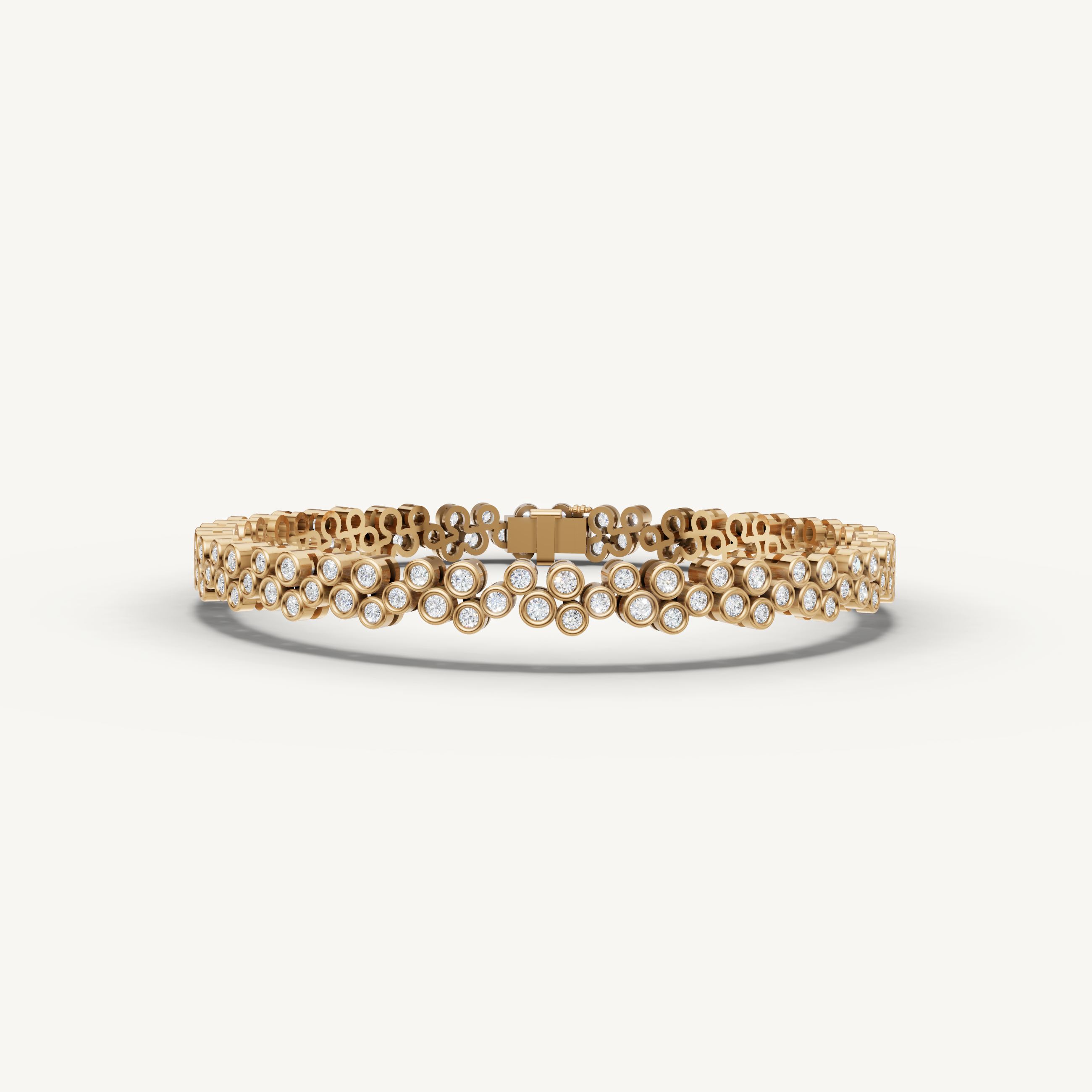 Yellow gold bezel set lab grown diamond tennis bracelet with clustered floral detailing by Raul Diamonds