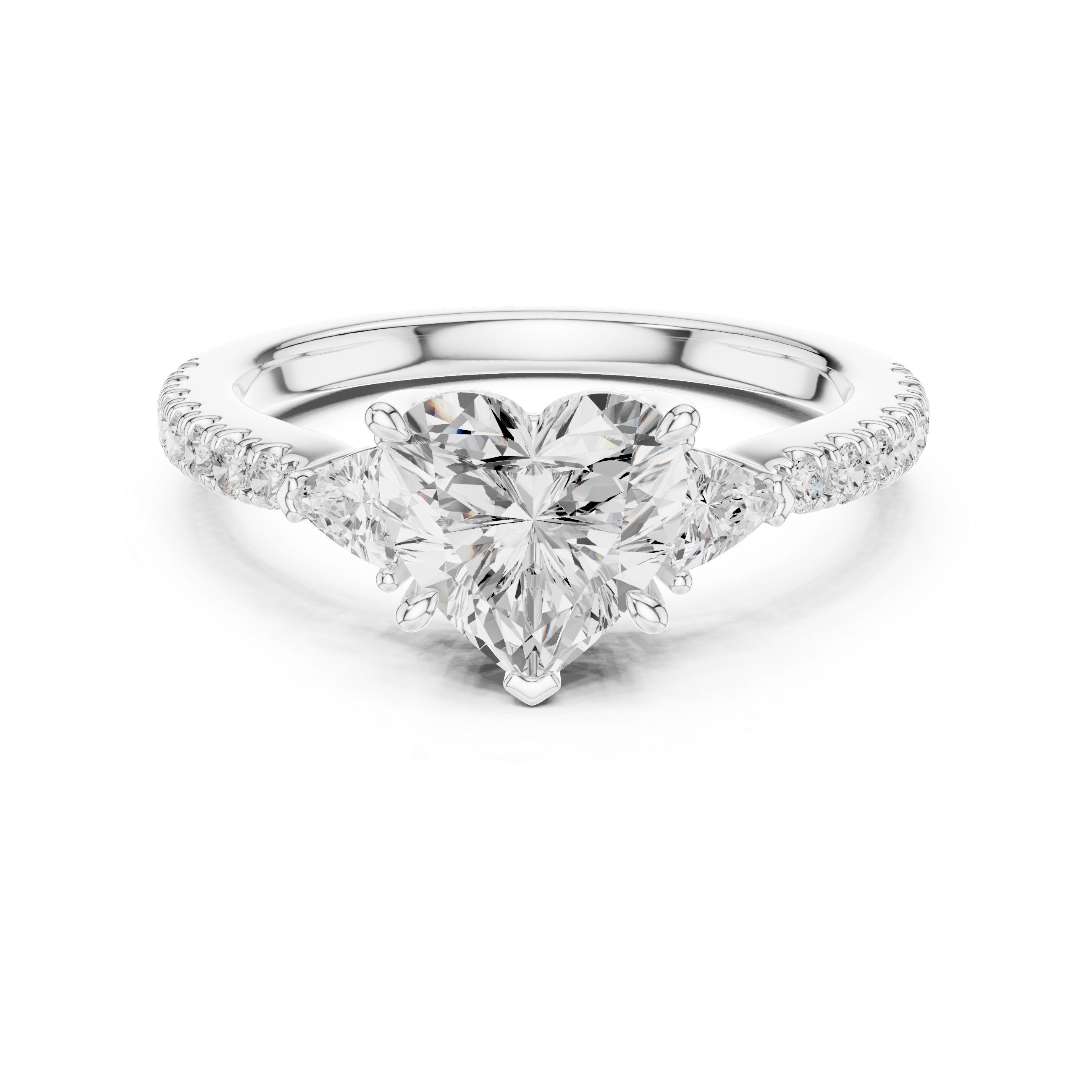 Lab grown three-stone ring heart cut diamond pavé band