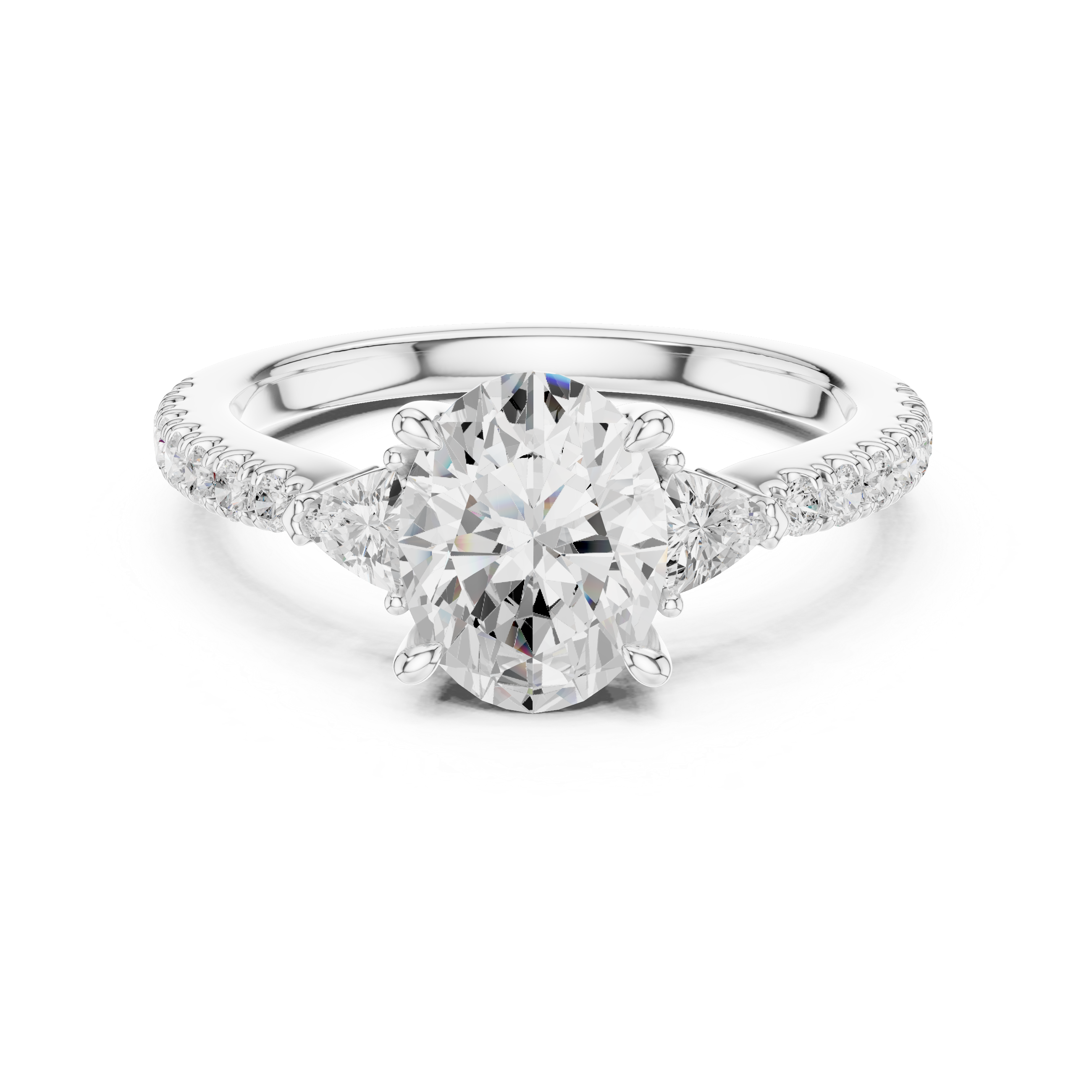 Three-stone oval lab diamond ring with side trillion accents