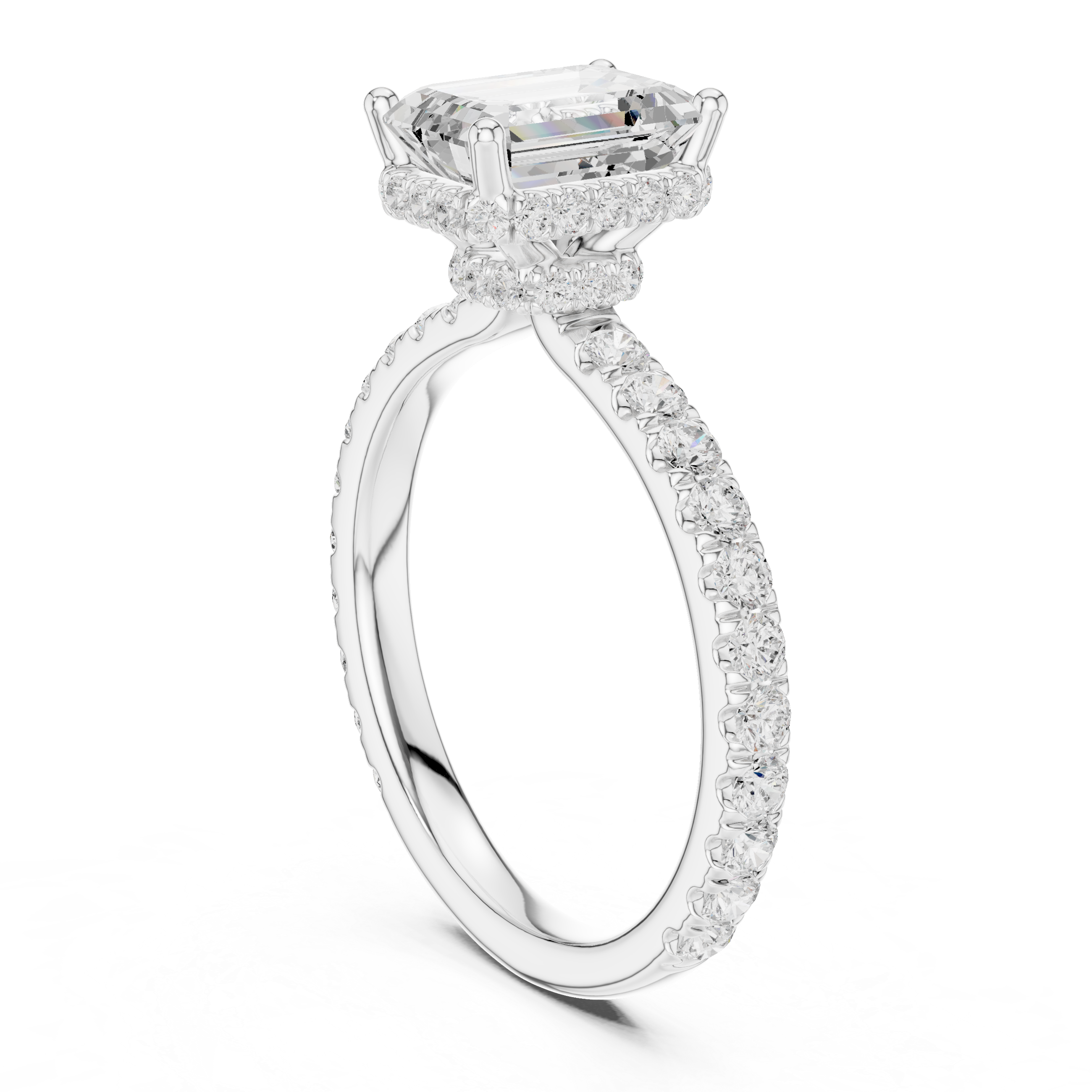 Pavé band halo ring with emerald cut lab diamond