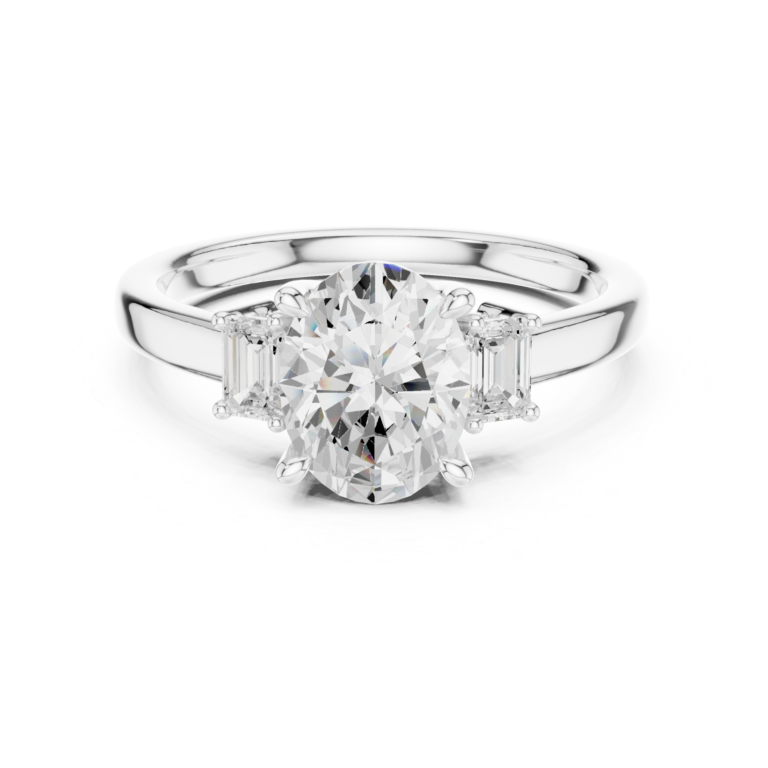 Three-stone engagement ring with oval lab diamond and emeralds