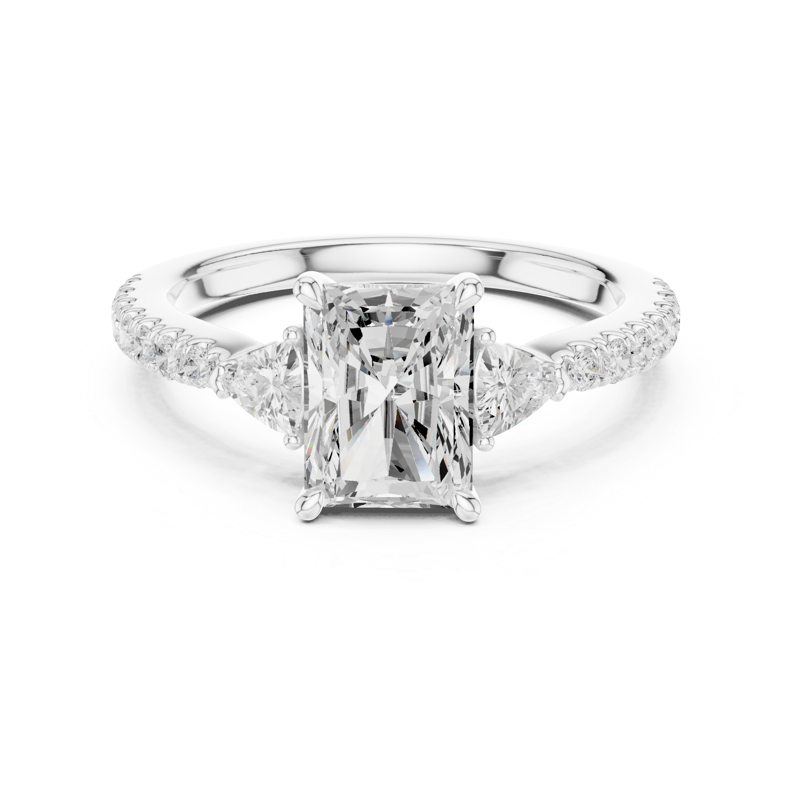 Radiant cut lab diamond ring with pavé and side trillions