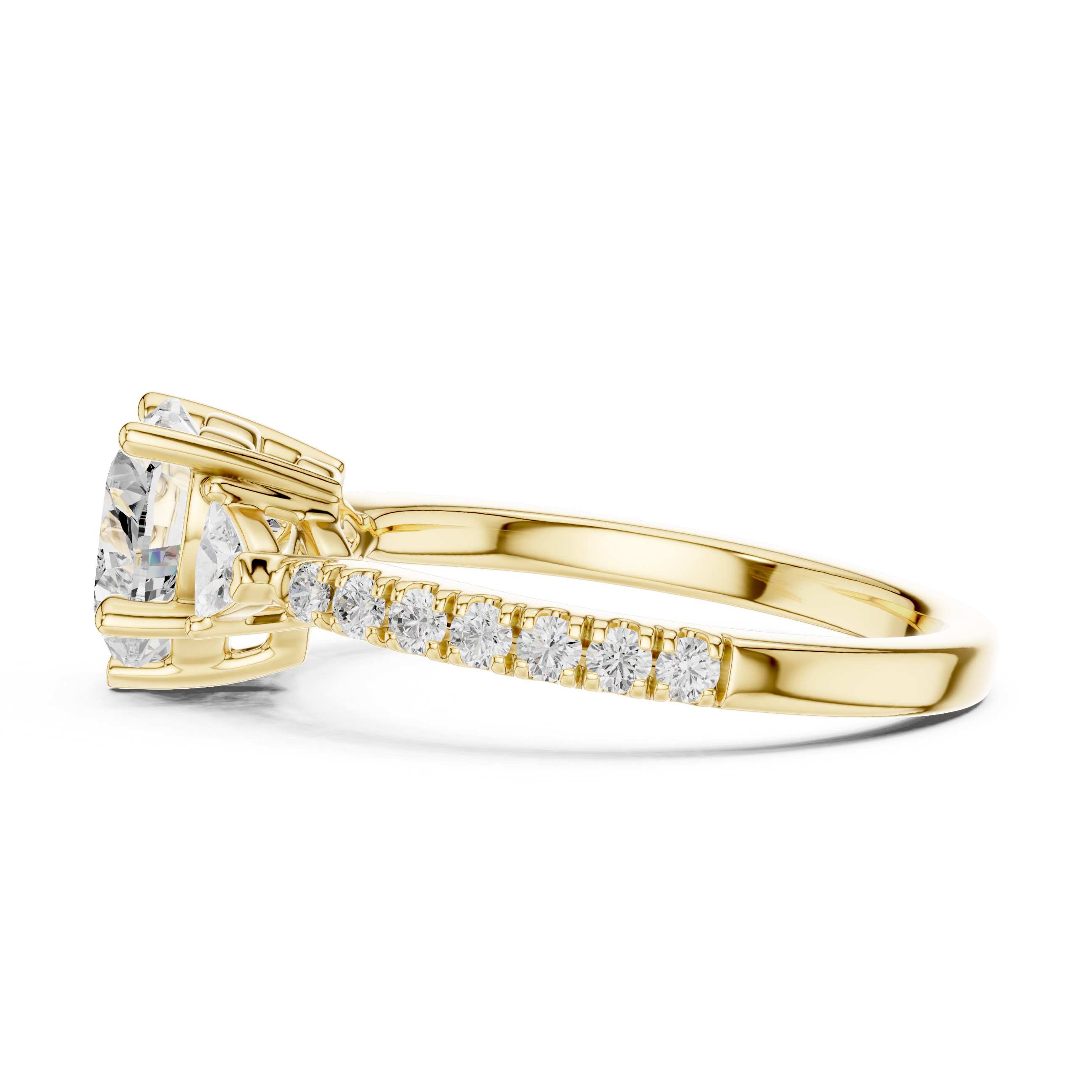 Lab grown heart diamond three-stone ring with trillion accents