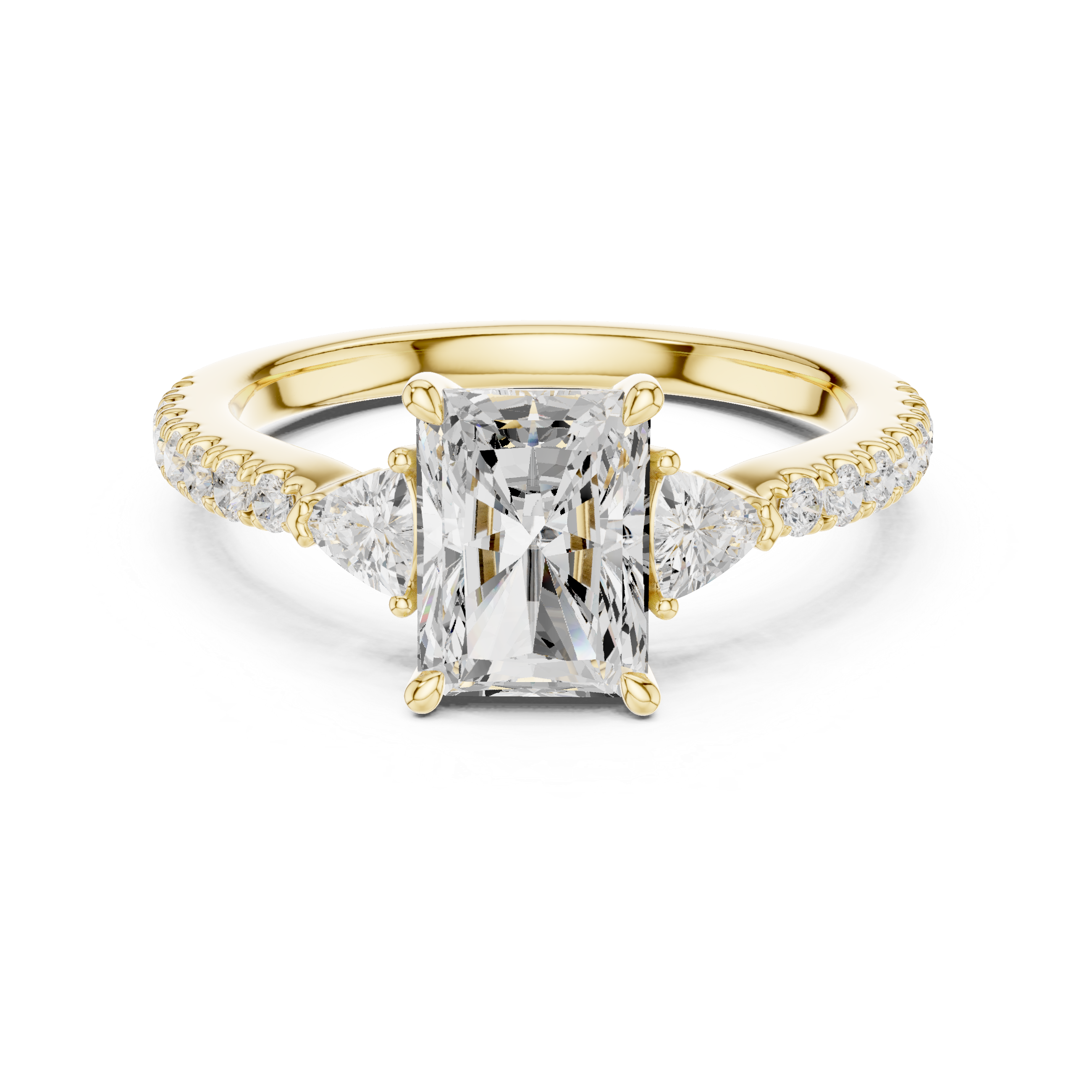 Radiant cut lab diamond engagement ring with trillion side stones