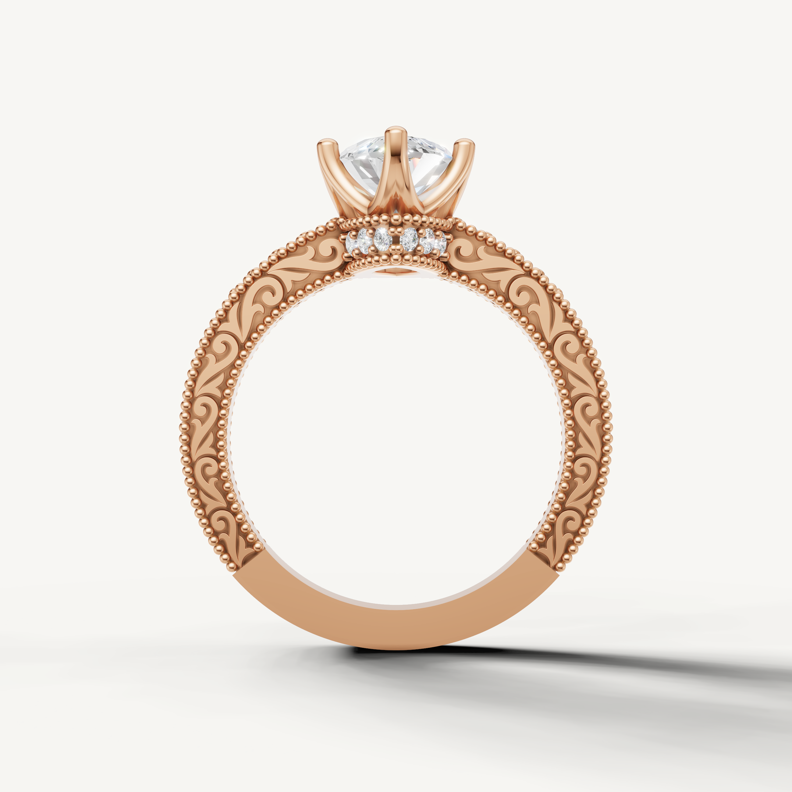 Marquise cut lab grown diamond engagement ring in rose gold with elegant antique-inspired detailing by Raul Diamonds.