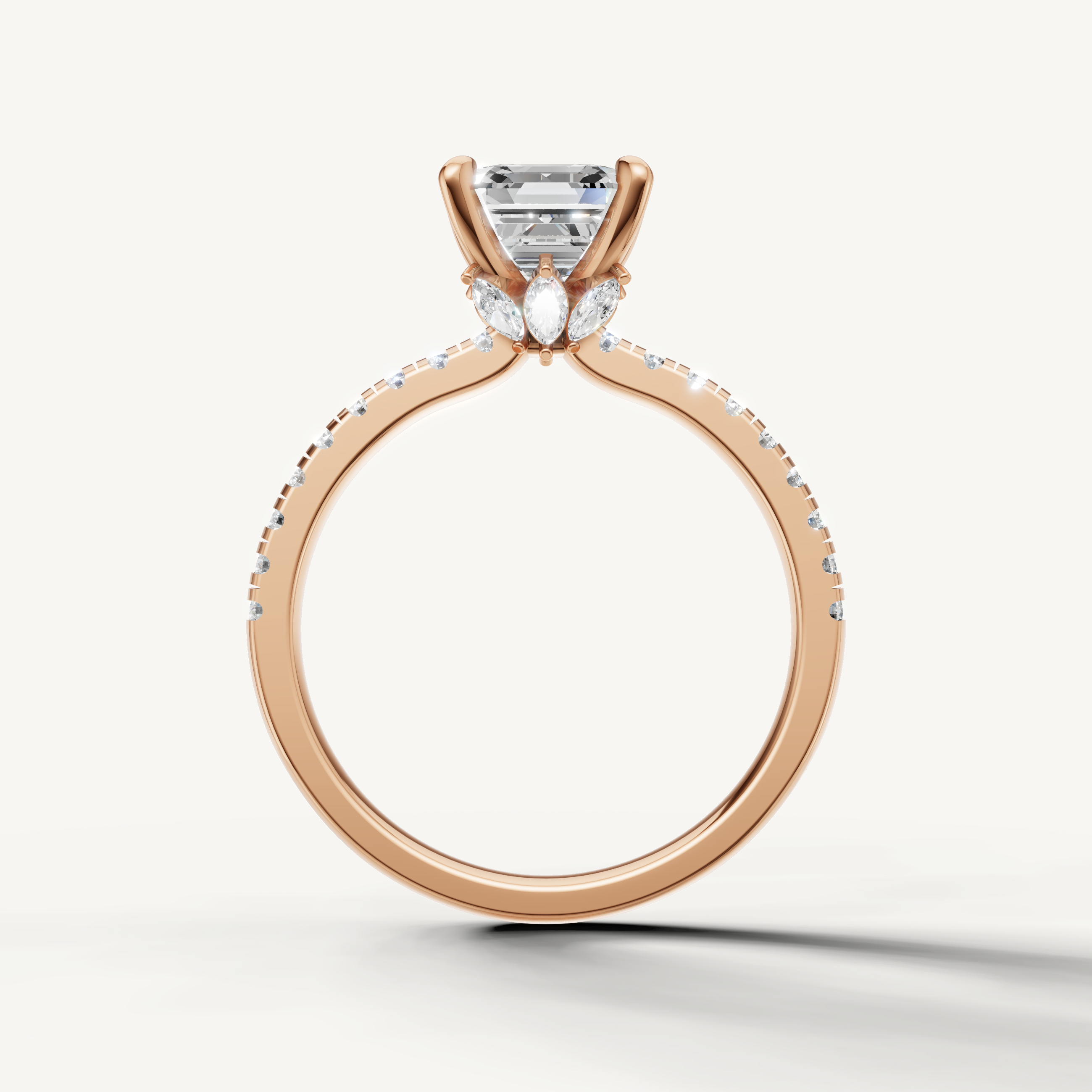 Square step cut lab grown diamond ring with pavé band rose gold elegant design