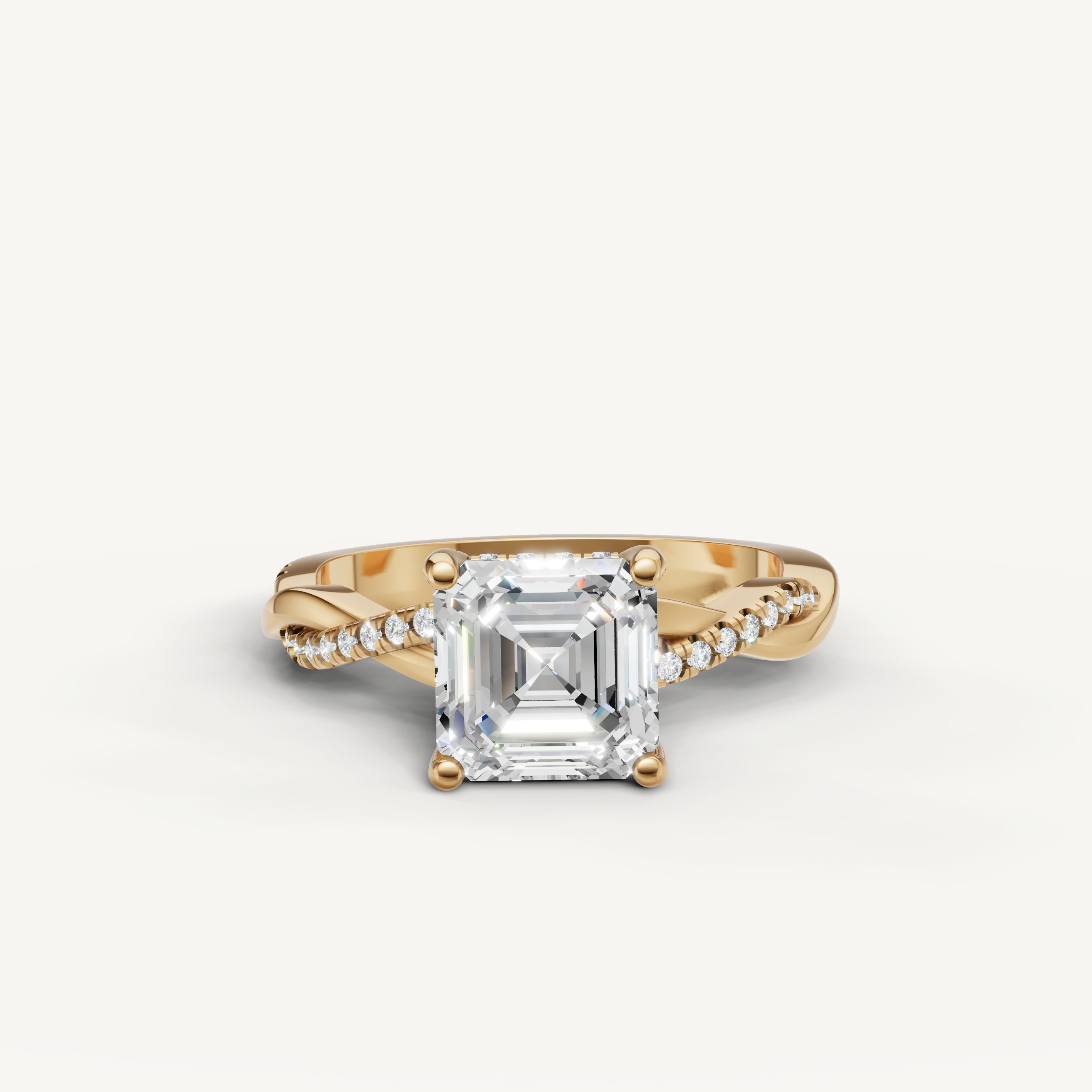asscher cut lab grown diamond bypass engagement ring in 14k yellow gold with pavé diamond split shank