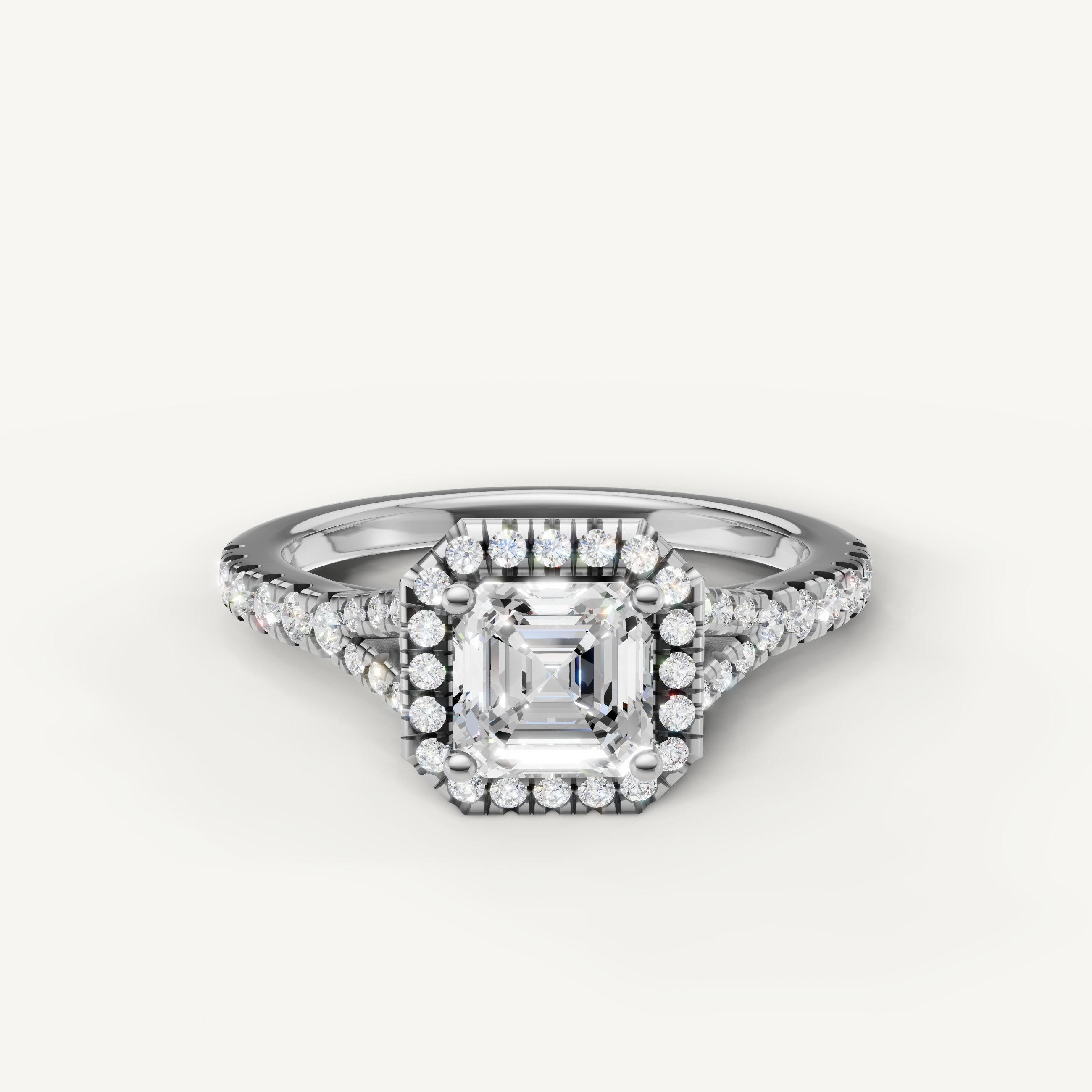 Asscher cut halo pavé lab grown diamond engagement ring in 14K white gold