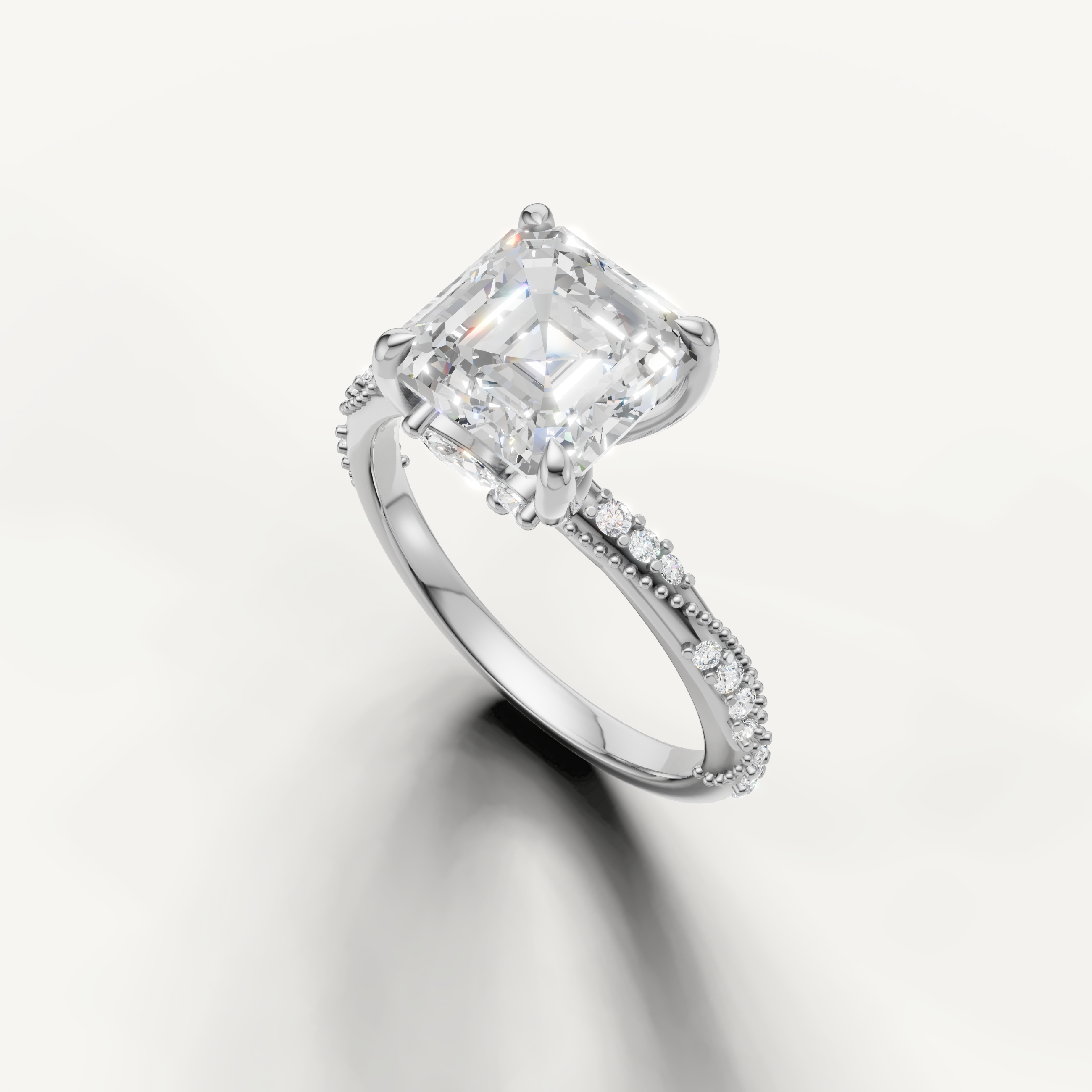 IGI certified asscher lab diamond ring with crossover pavé band 14k white gold