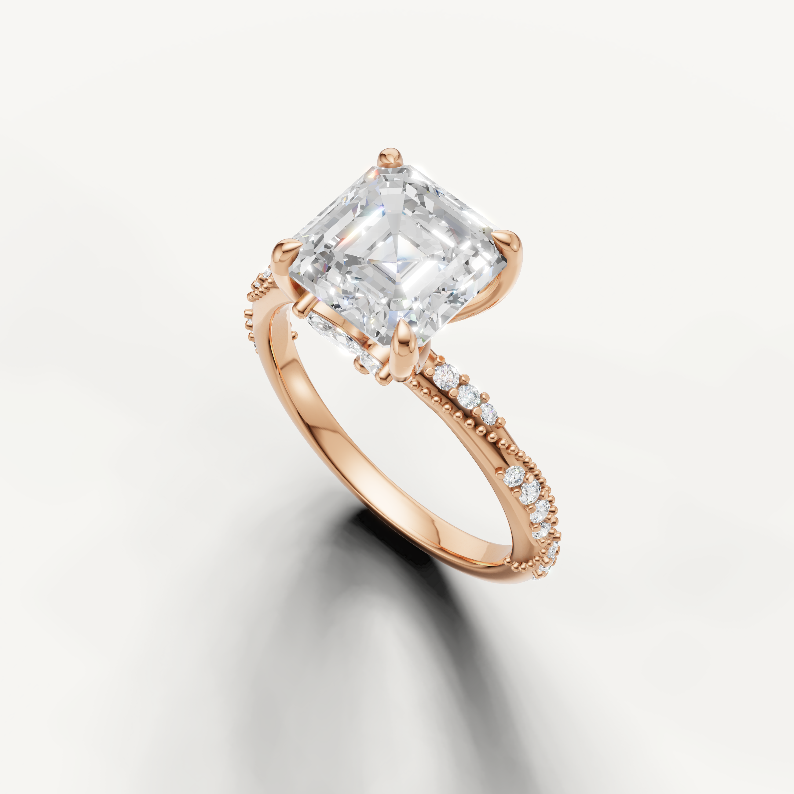 vintage inspired asscher diamond ring with milgrain twisted pavé setting rose gold
