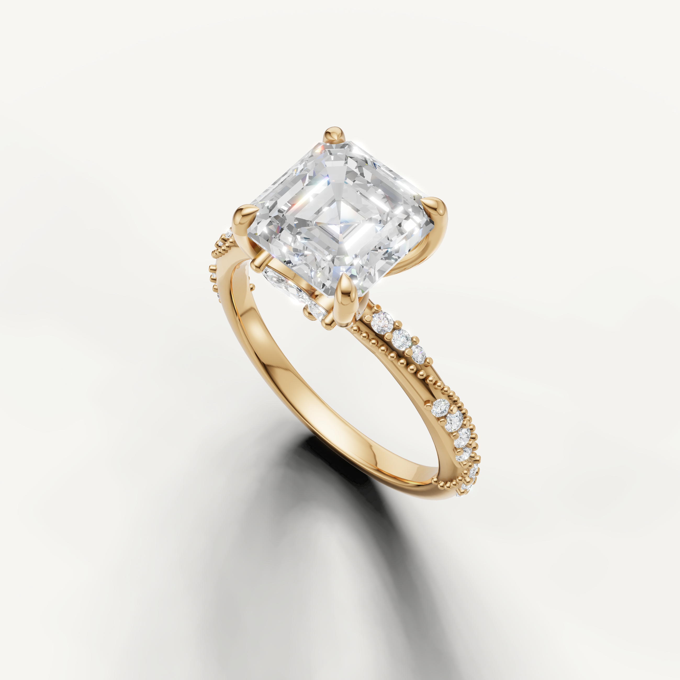 vintage inspired asscher diamond ring with milgrain twisted pavé setting yellow gold