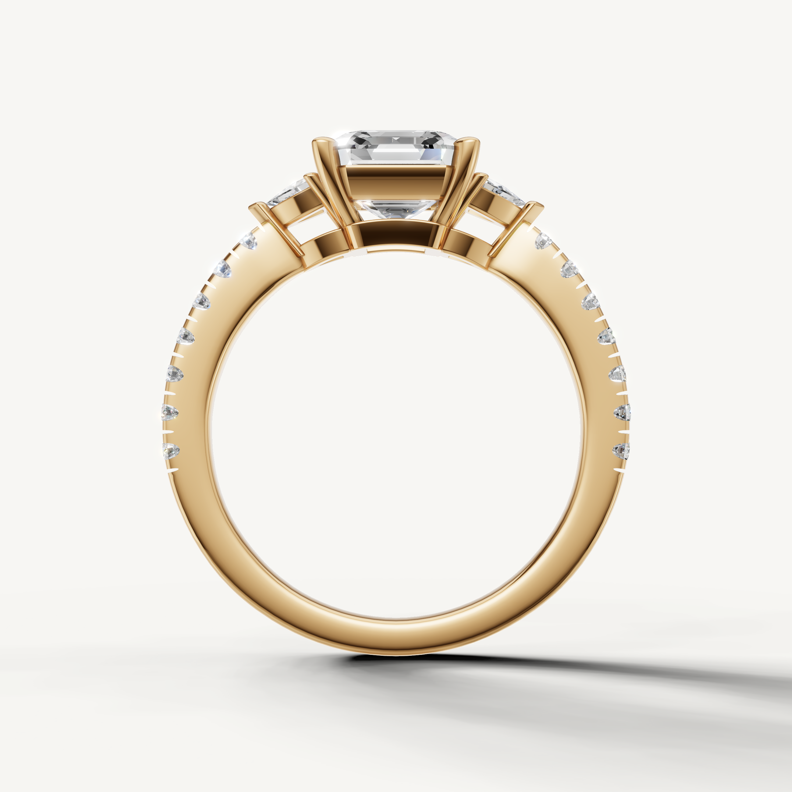 Detailed view of pavé diamond band with lab grown stones on 14K gold engagement ring